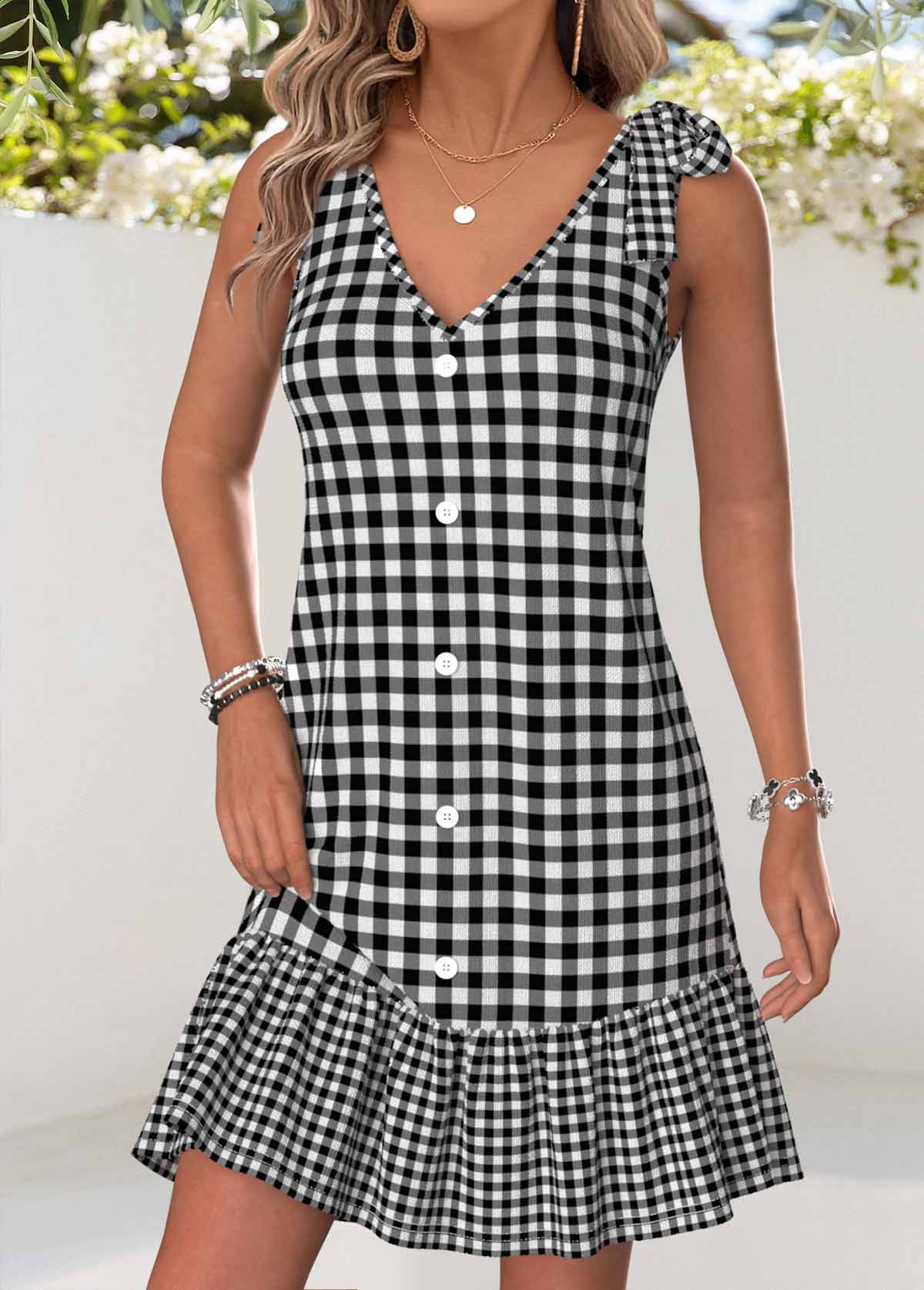 Black Plaid Short Patchwork Strappy V Neck Dress | picture 