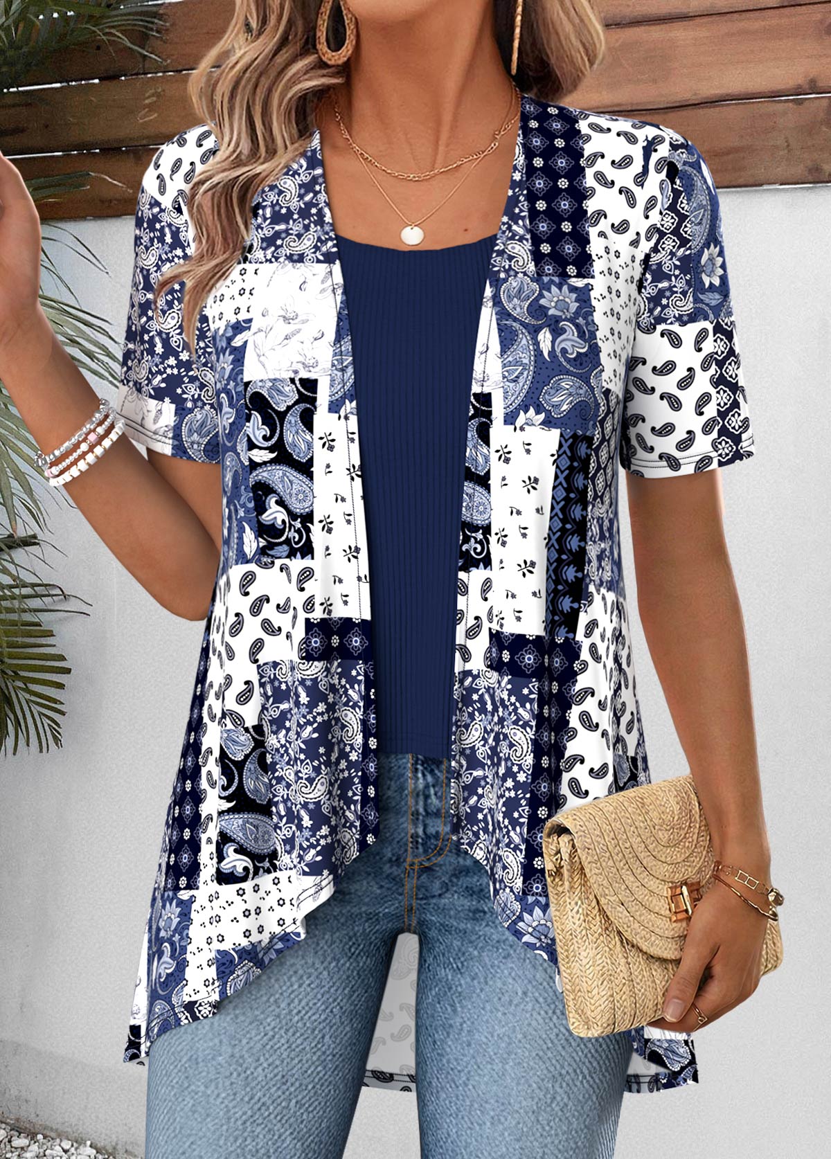 Navy Patchwork Short Sleeve Fake Two Piece Twinset | picture 