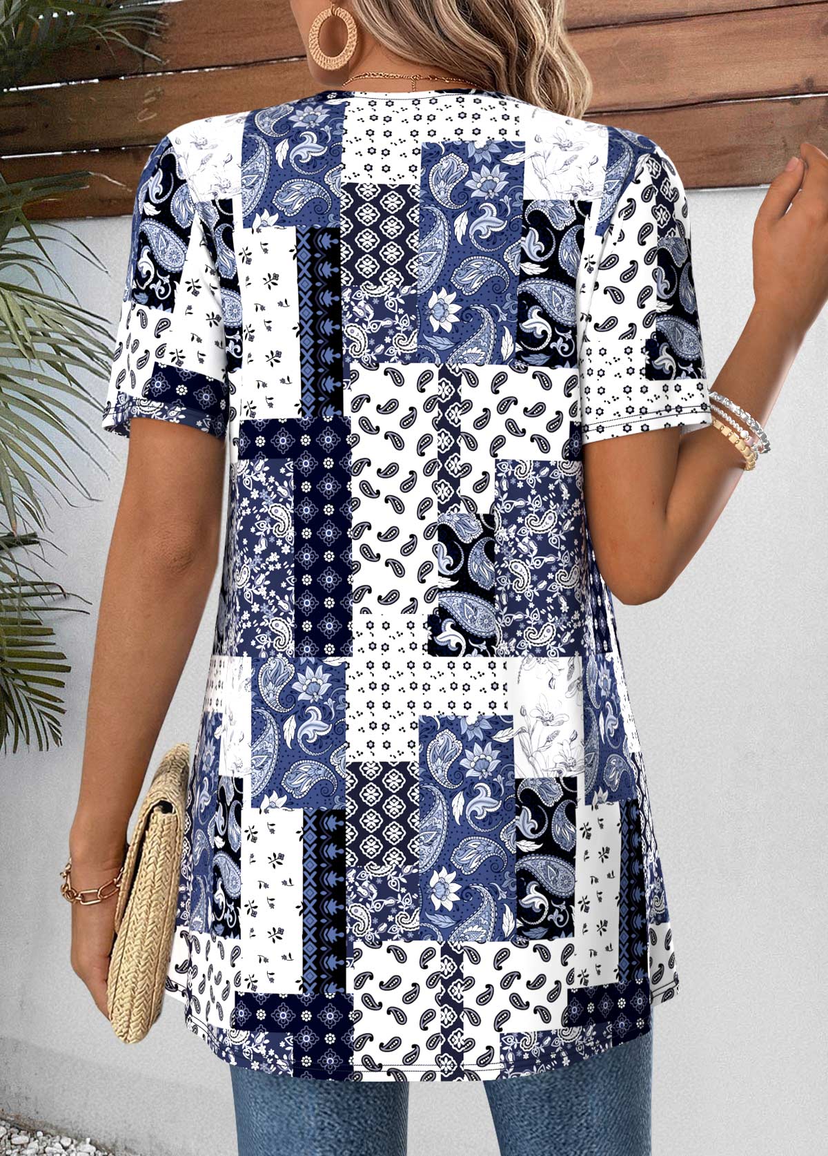 Navy Patchwork Short Sleeve Fake Two Piece Twinset | picture 