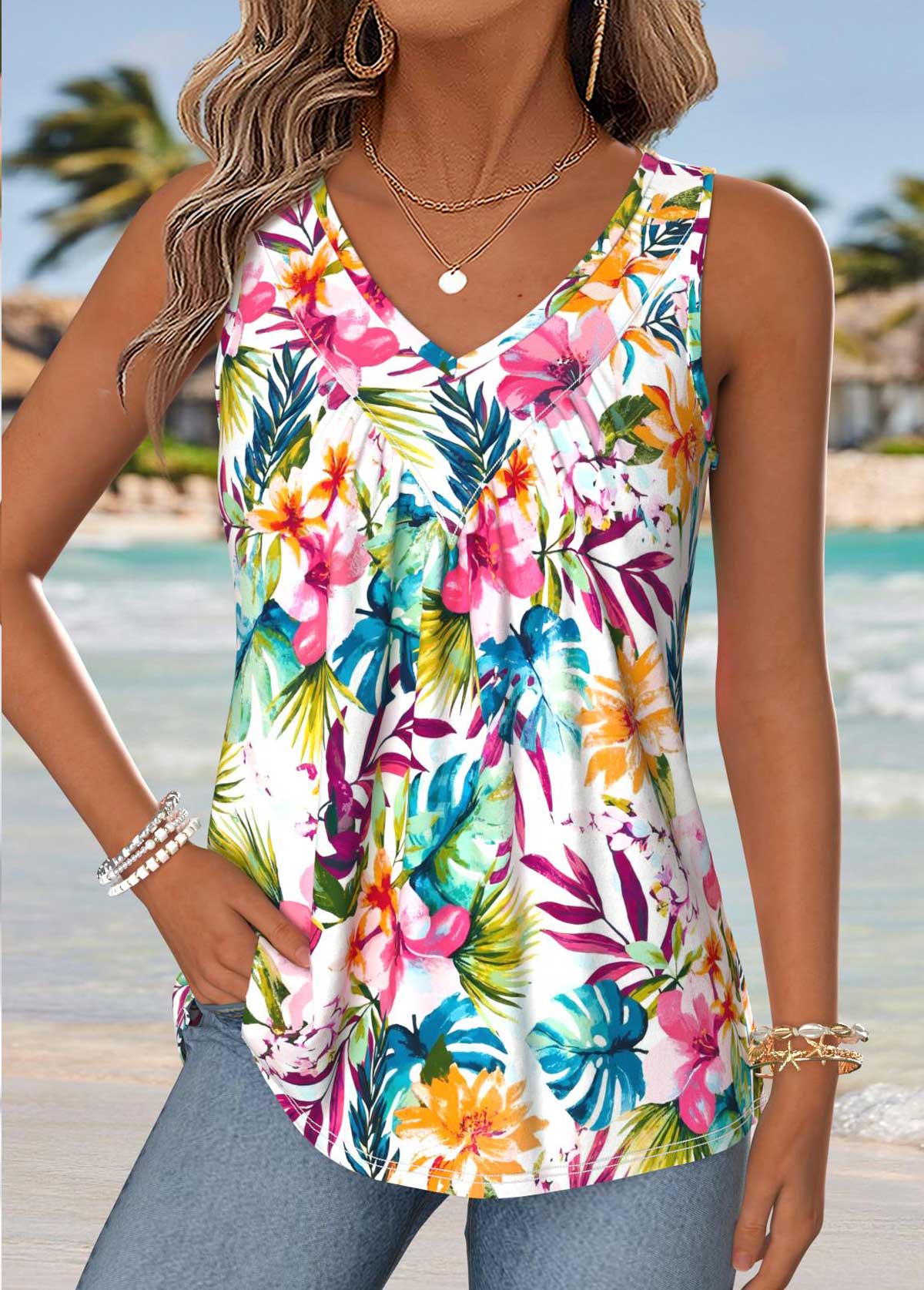 Multi Color Tropical Plants Print Patchwork Sleeveless Tank Top | picture 
