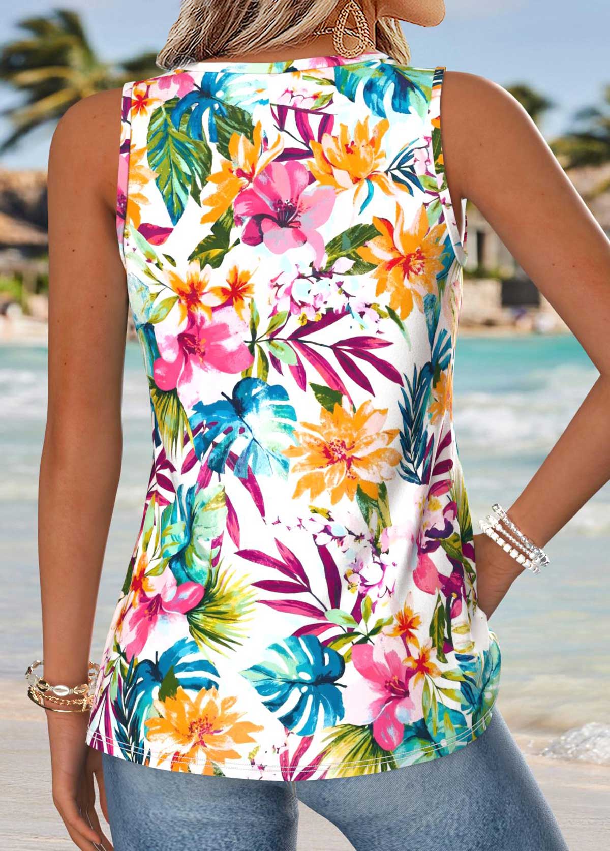Multi Color Tropical Plants Print Patchwork Sleeveless Tank Top | picture 
