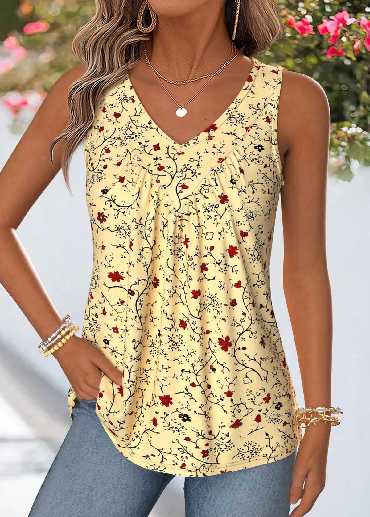 Light Yellow Floral Print Patchwork Sleeveless Tank Top | picture 