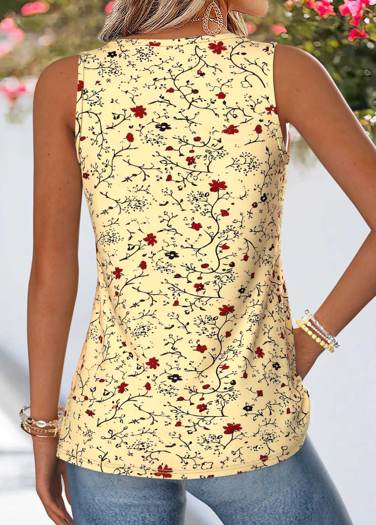 Light Yellow Floral Print Patchwork Sleeveless Tank Top | picture 
