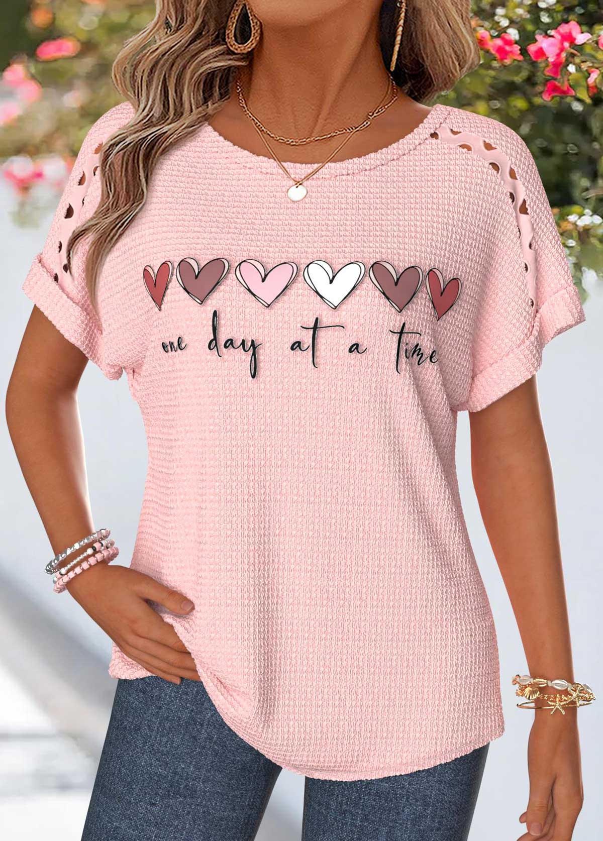 Light Pink Geometric Print Patchwork Short Sleeve T Shirt | picture 