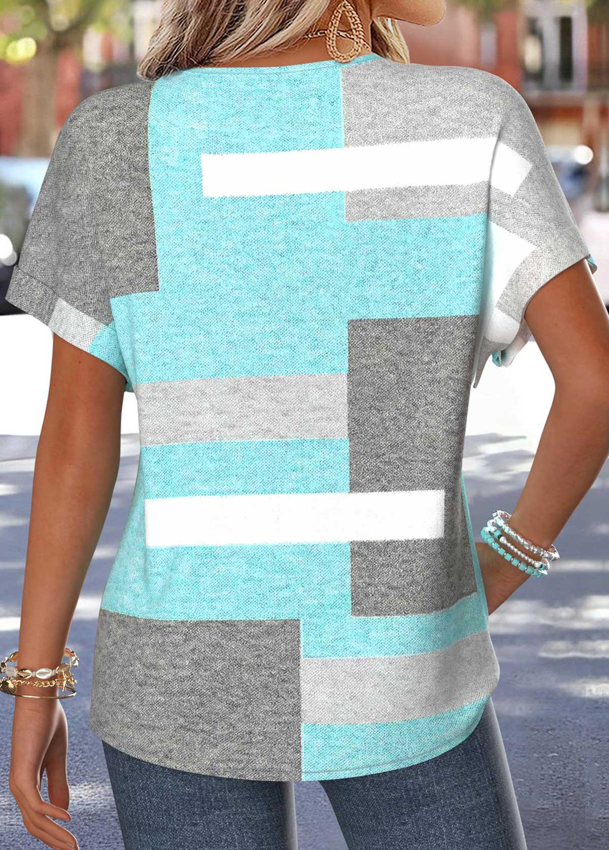 Mint Green Geometric Print Tummy Coverage T Shirt | picture 