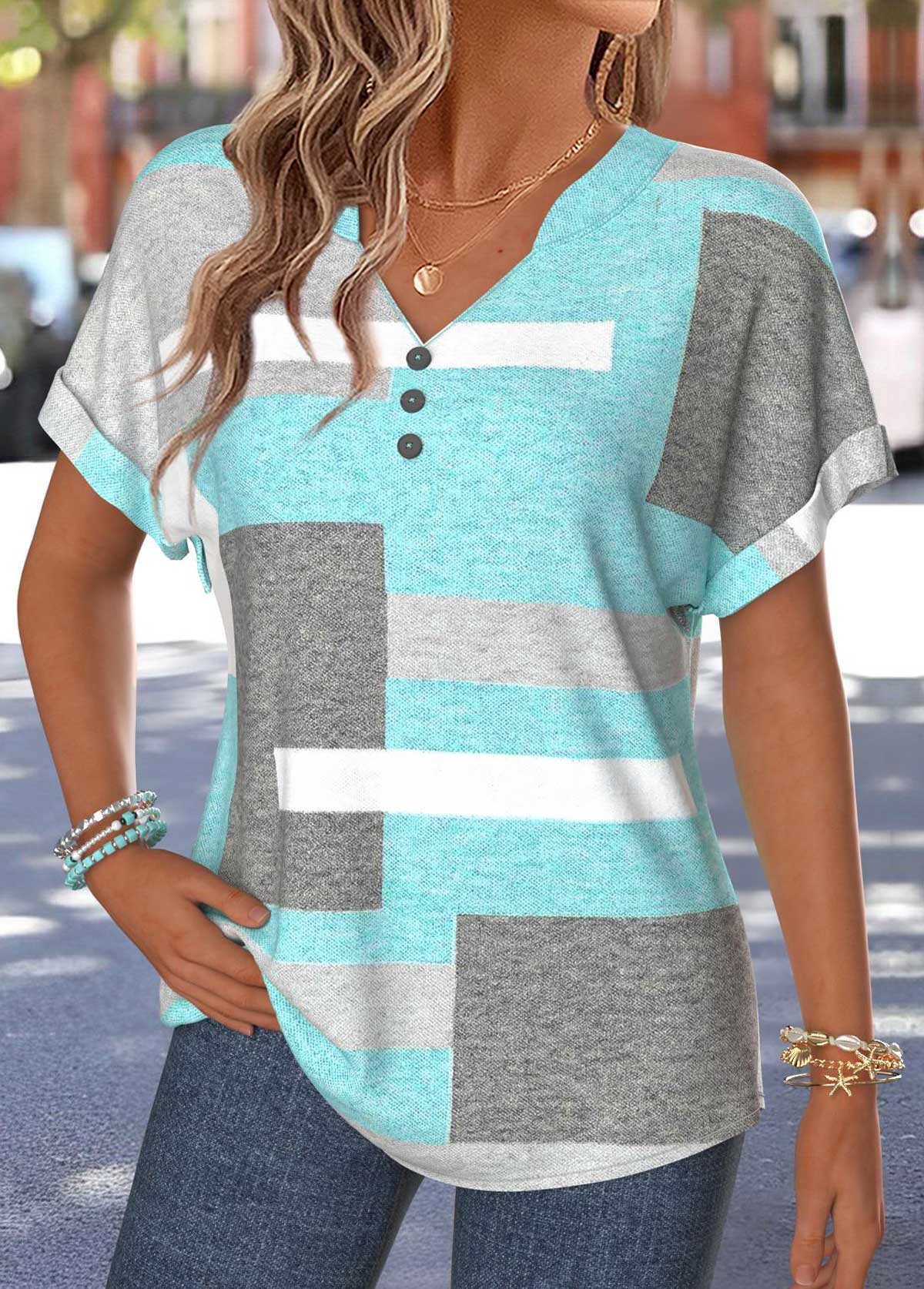 Mint Green Geometric Print Tummy Coverage T Shirt | picture 