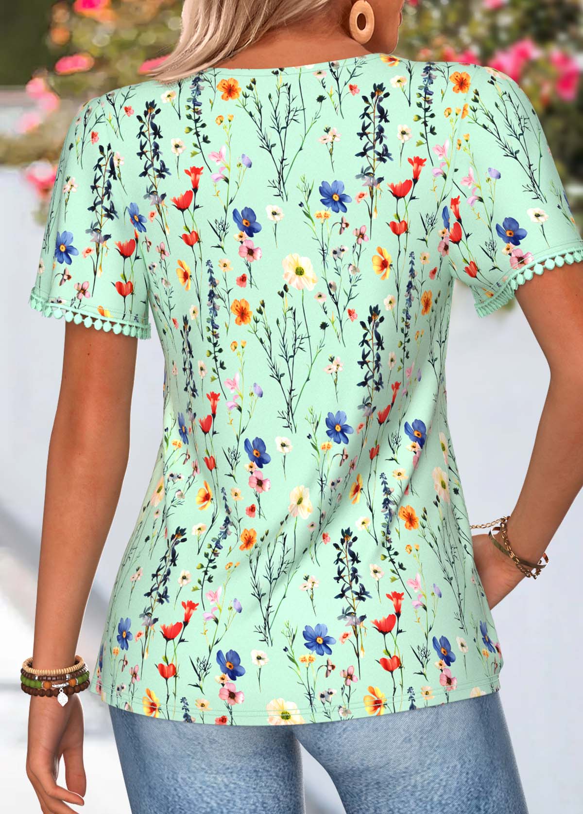 Green Floral Print Tummy Coverage Short Sleeve T Shirt | picture 