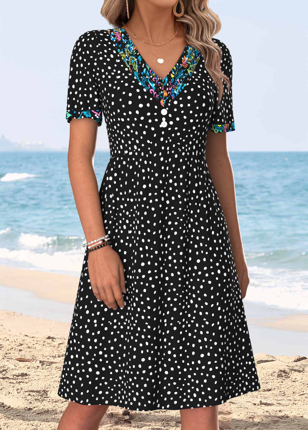 Black Polka Dot Patchwork Short Sleeve V Neck Dress | picture 