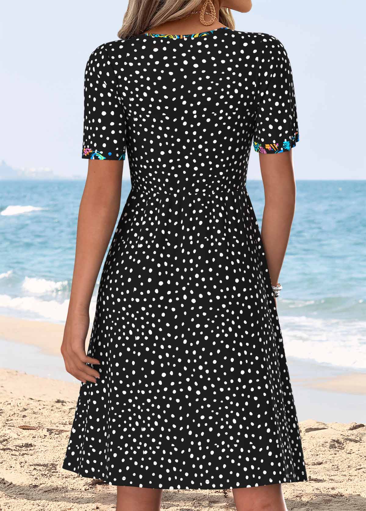 Black Polka Dot Patchwork Short Sleeve V Neck Dress | picture 