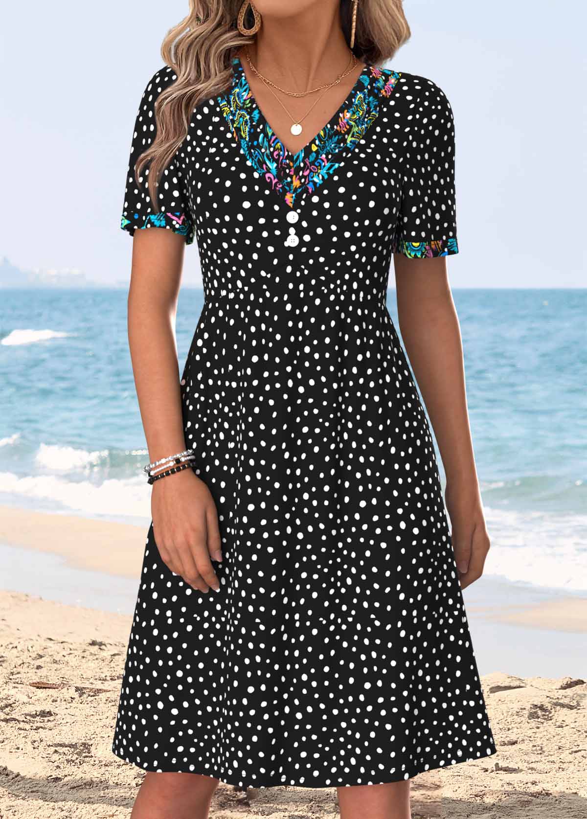 Black Polka Dot Patchwork Short Sleeve V Neck Dress | picture 