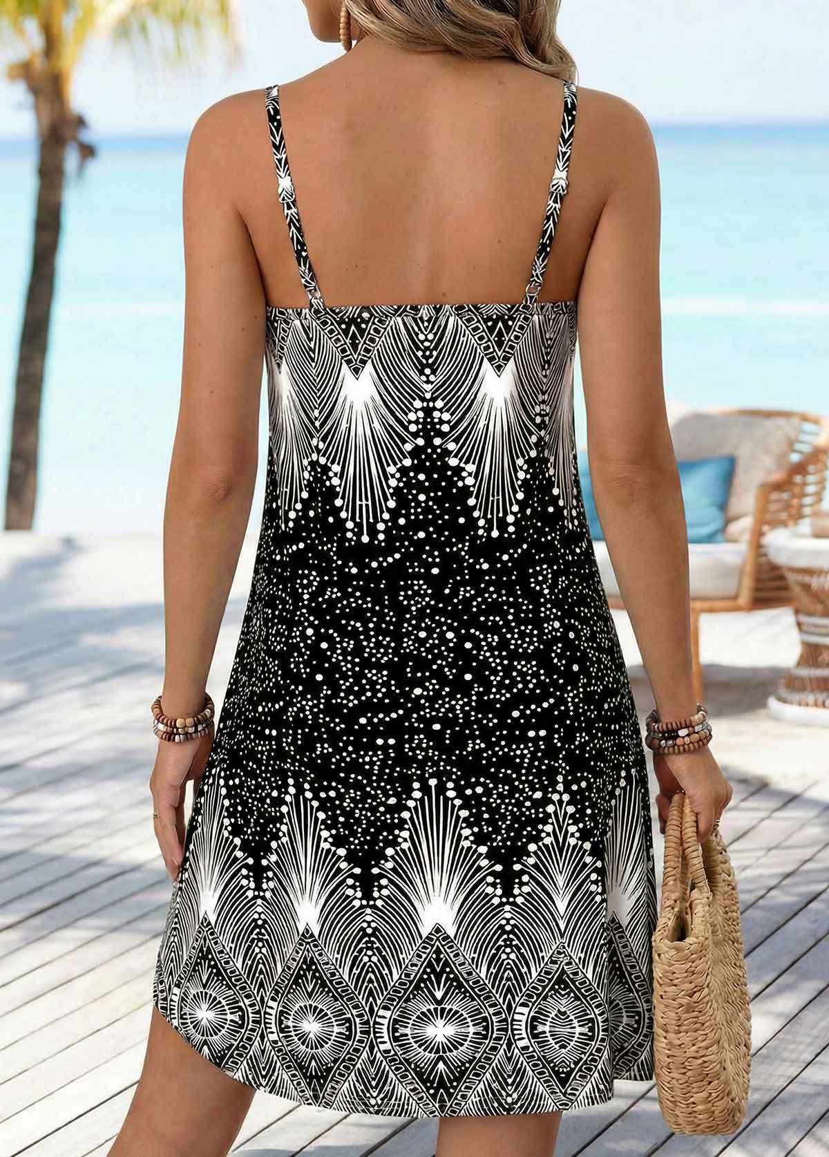 Black Tribal Print Short Tummy Coverage Strappy Dress | picture 