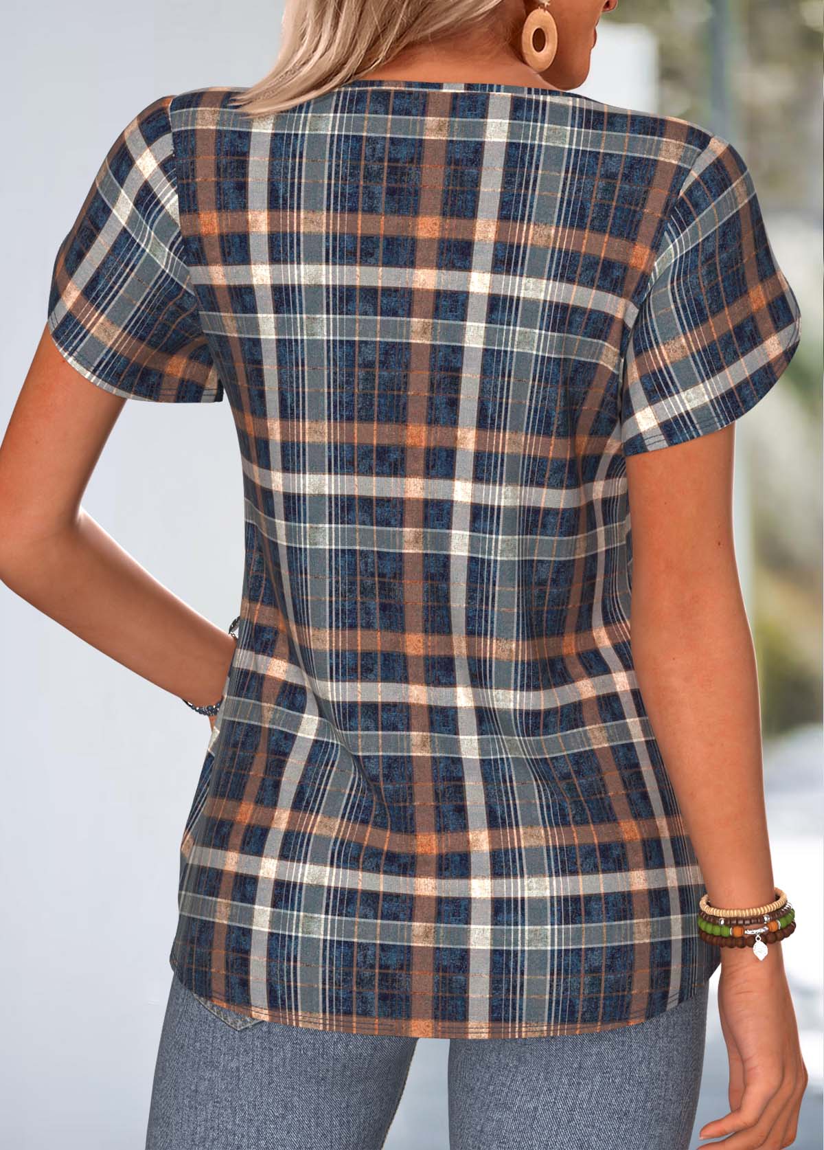 Navy Plaid Curved Hem Short Sleeve T Shirt | picture 