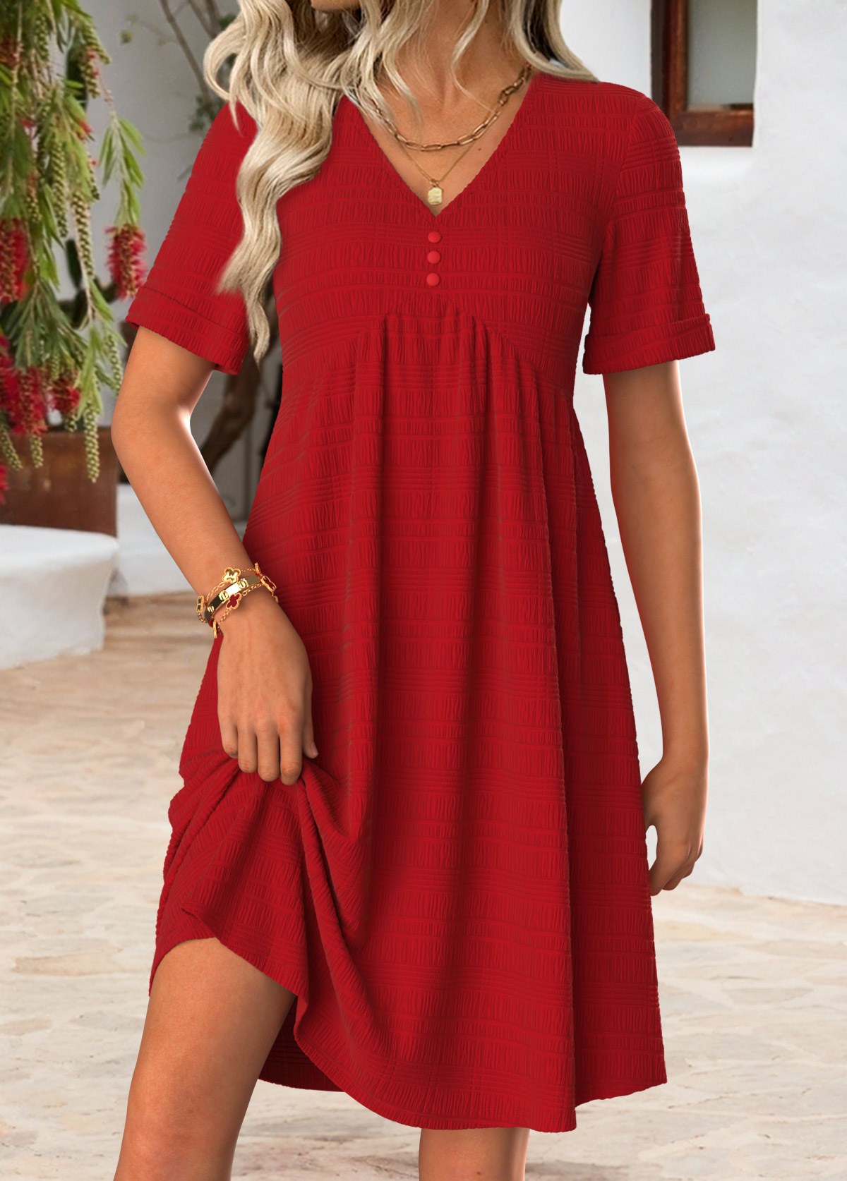 Red Short Tummy Coverage V Neck Dress | picture 