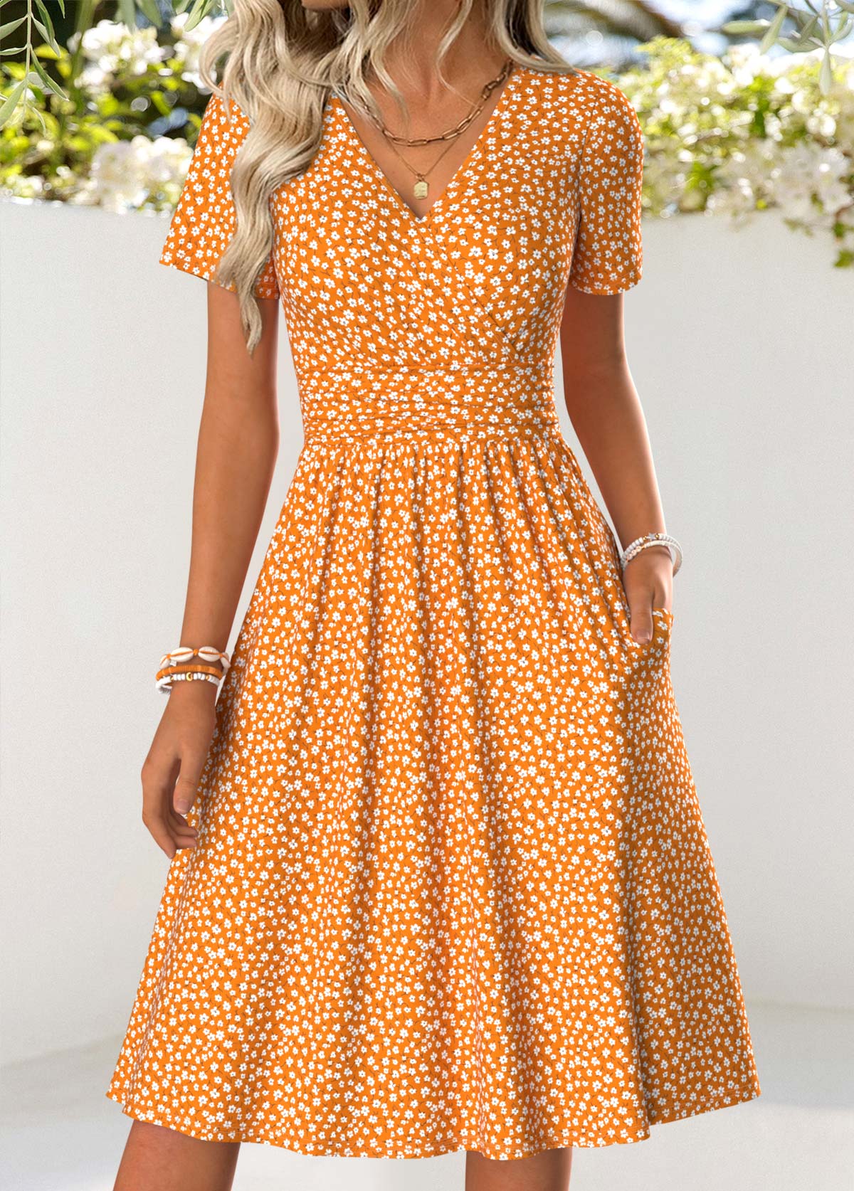 Orange Ditsy Floral Print Double Side Pockets Dress | picture 