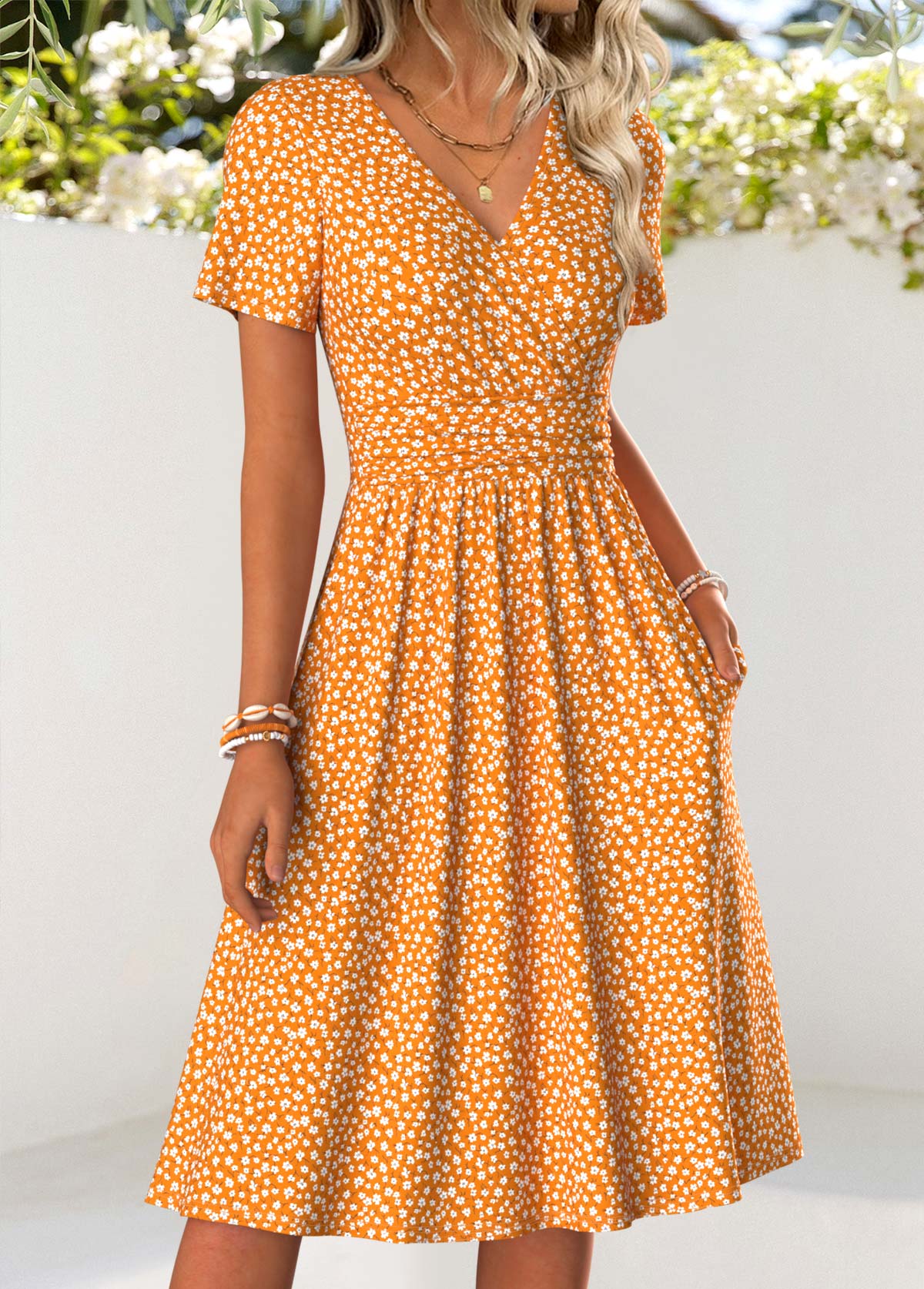 Orange Ditsy Floral Print Double Side Pockets Dress | picture 