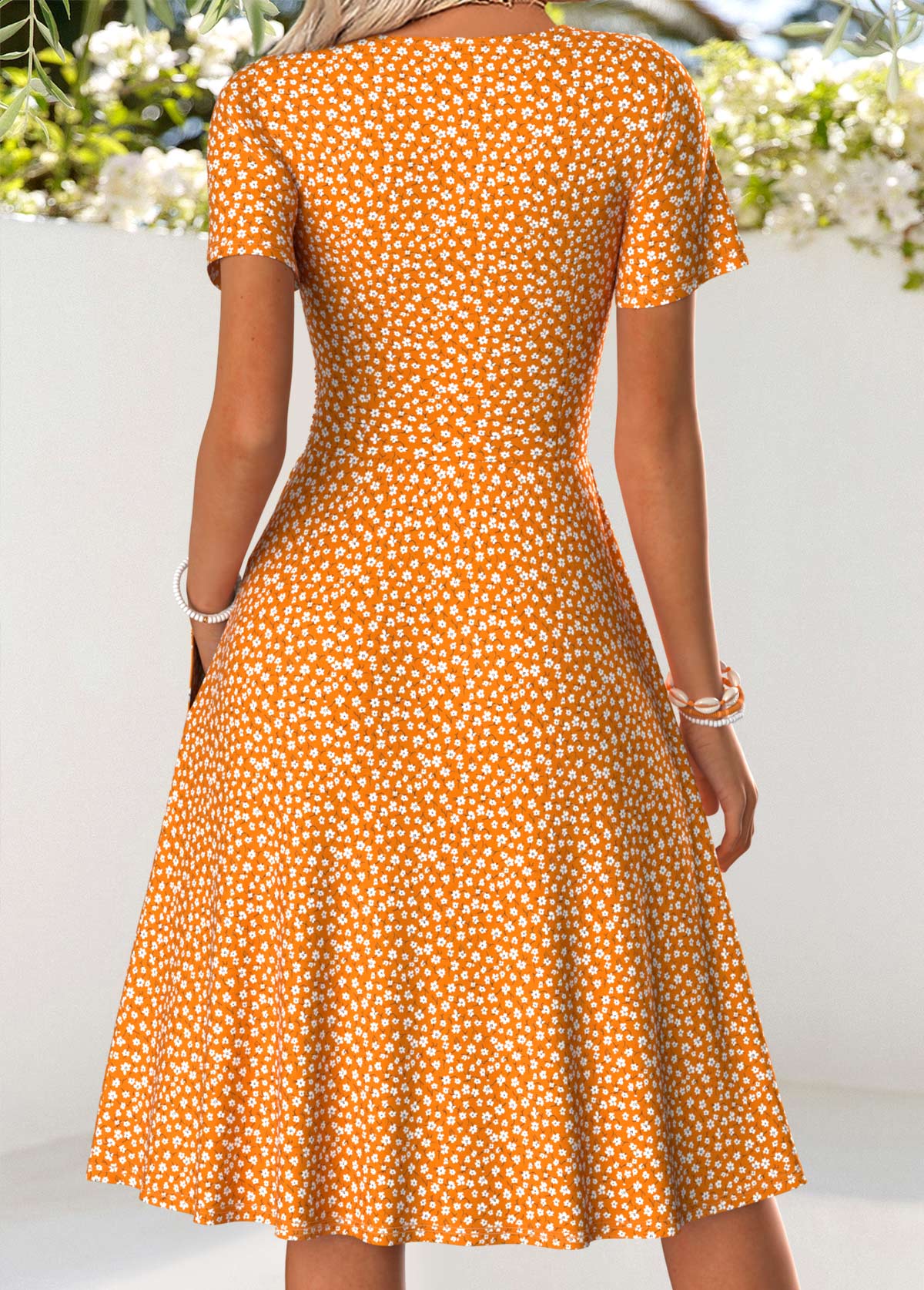 Orange Ditsy Floral Print Double Side Pockets Dress | picture 