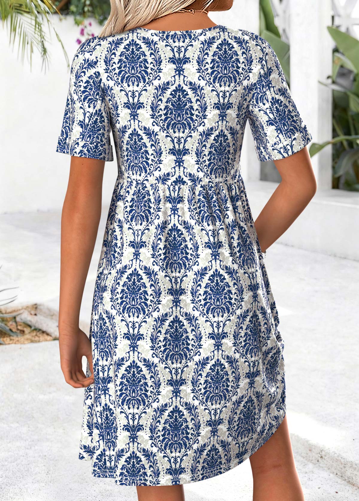 Blue Tribal Print Patchwork Short Sleeve V Neck Dress | picture 