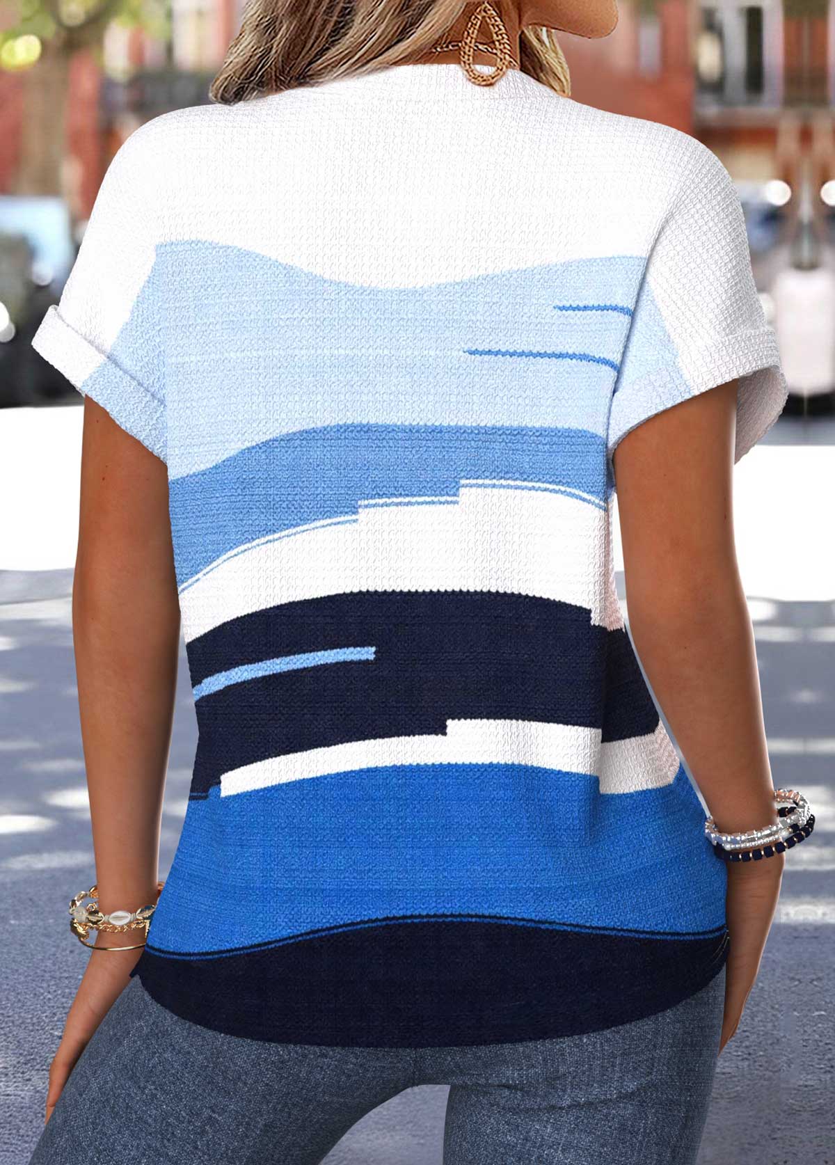 Blue Geometric Print Tummy Coverage Short Sleeve Blouse | picture 