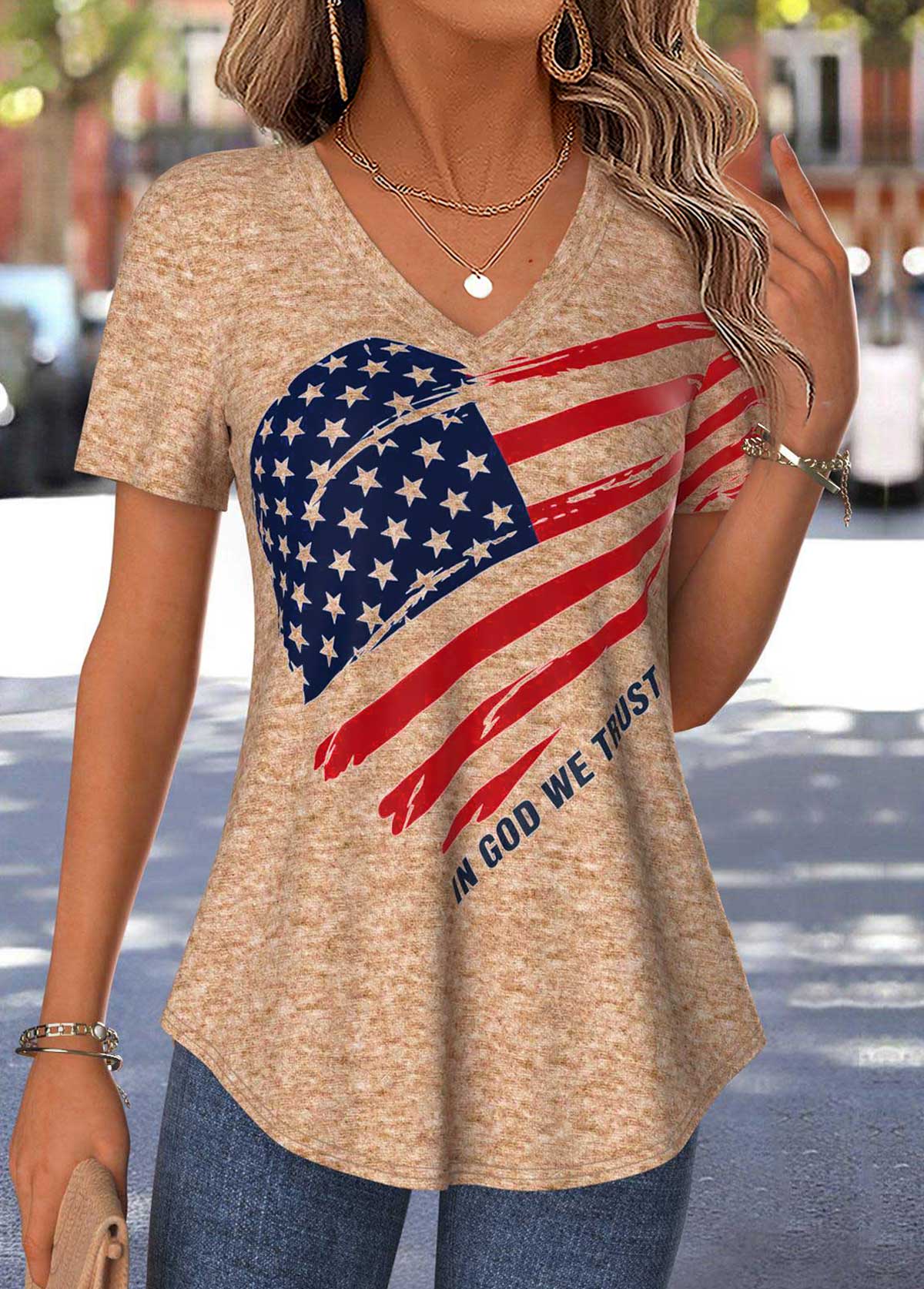 American Flag Light Camel Curved Hem T Shirt | picture 