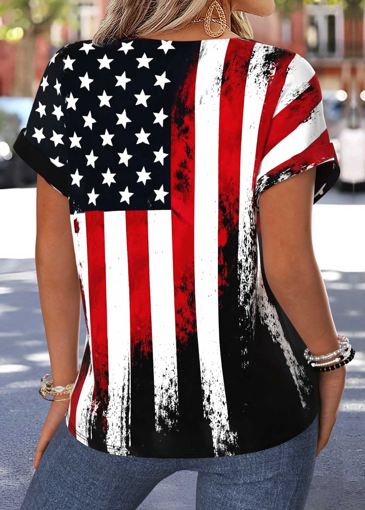 American Flag Black Tummy Coverage Short Sleeve Blouse | picture 