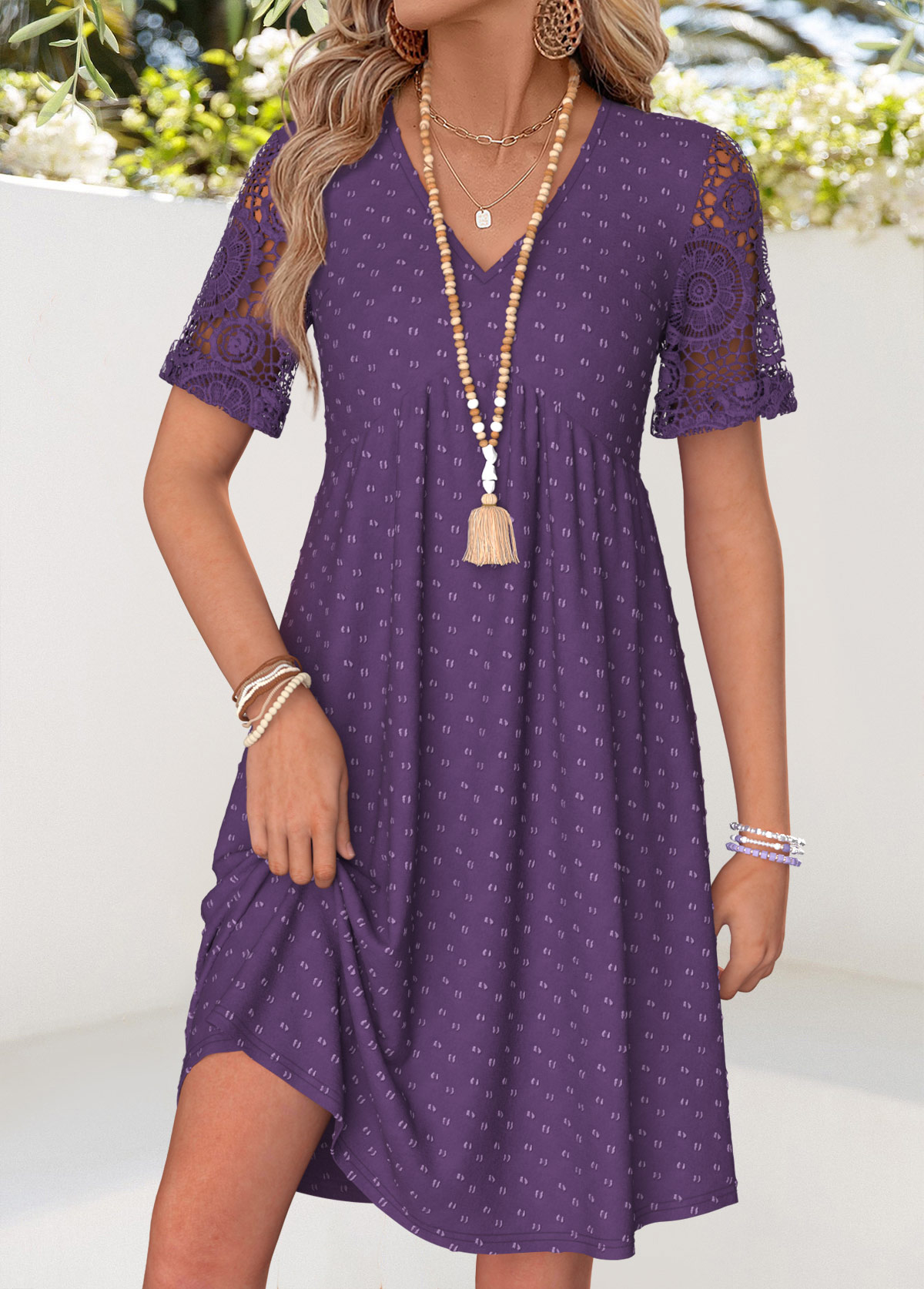 Purple Short Patchwork V Neck Dress | picture 