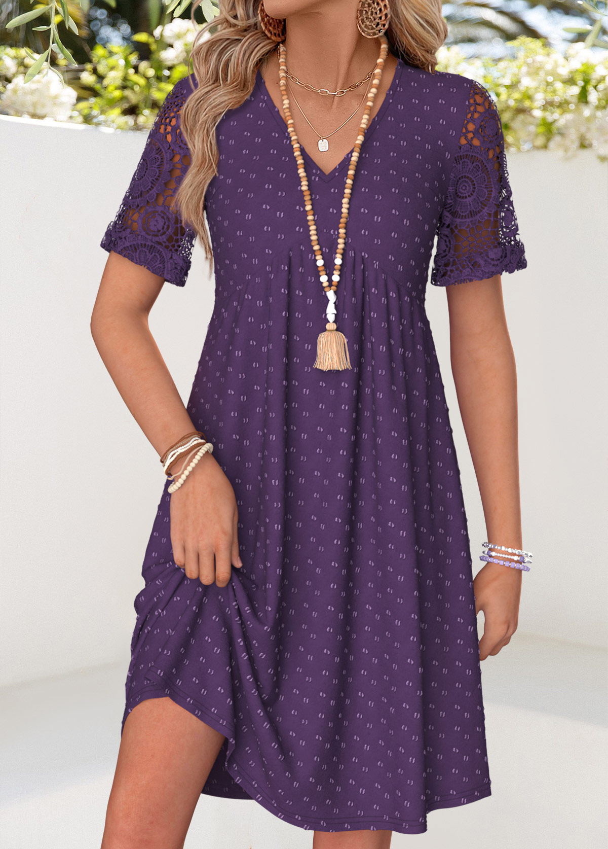Purple Short Patchwork V Neck Dress | picture 