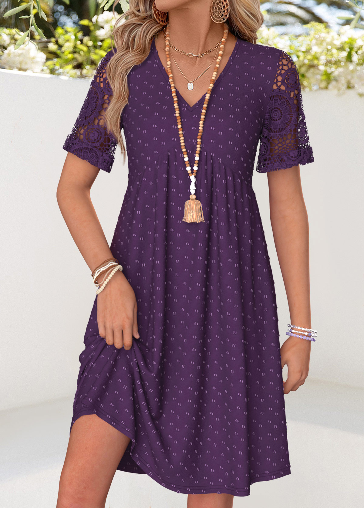 Purple Short Patchwork V Neck Dress | picture 