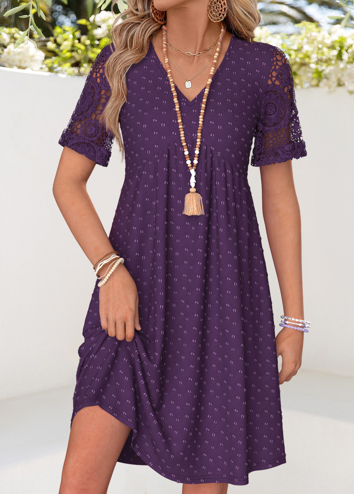 Purple Short Patchwork V Neck Dress | picture 