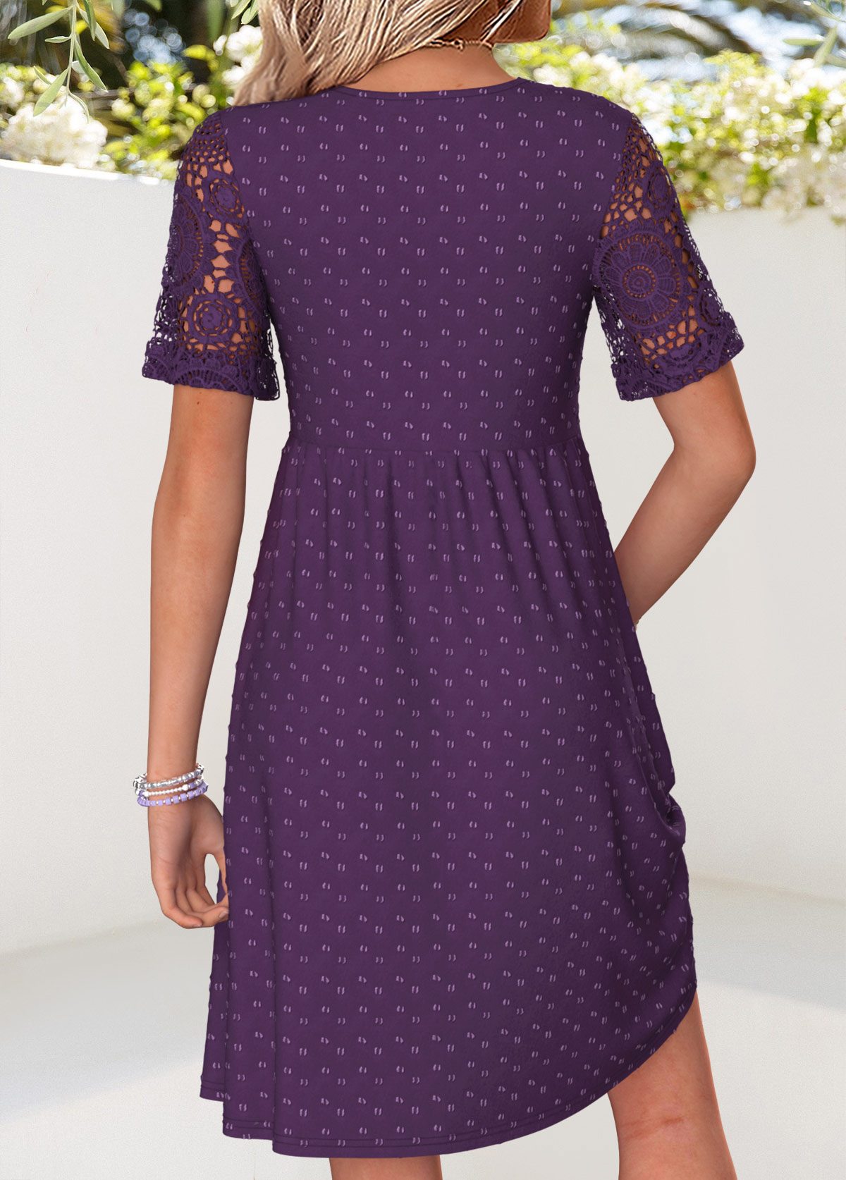 Purple Short Patchwork V Neck Dress | picture 