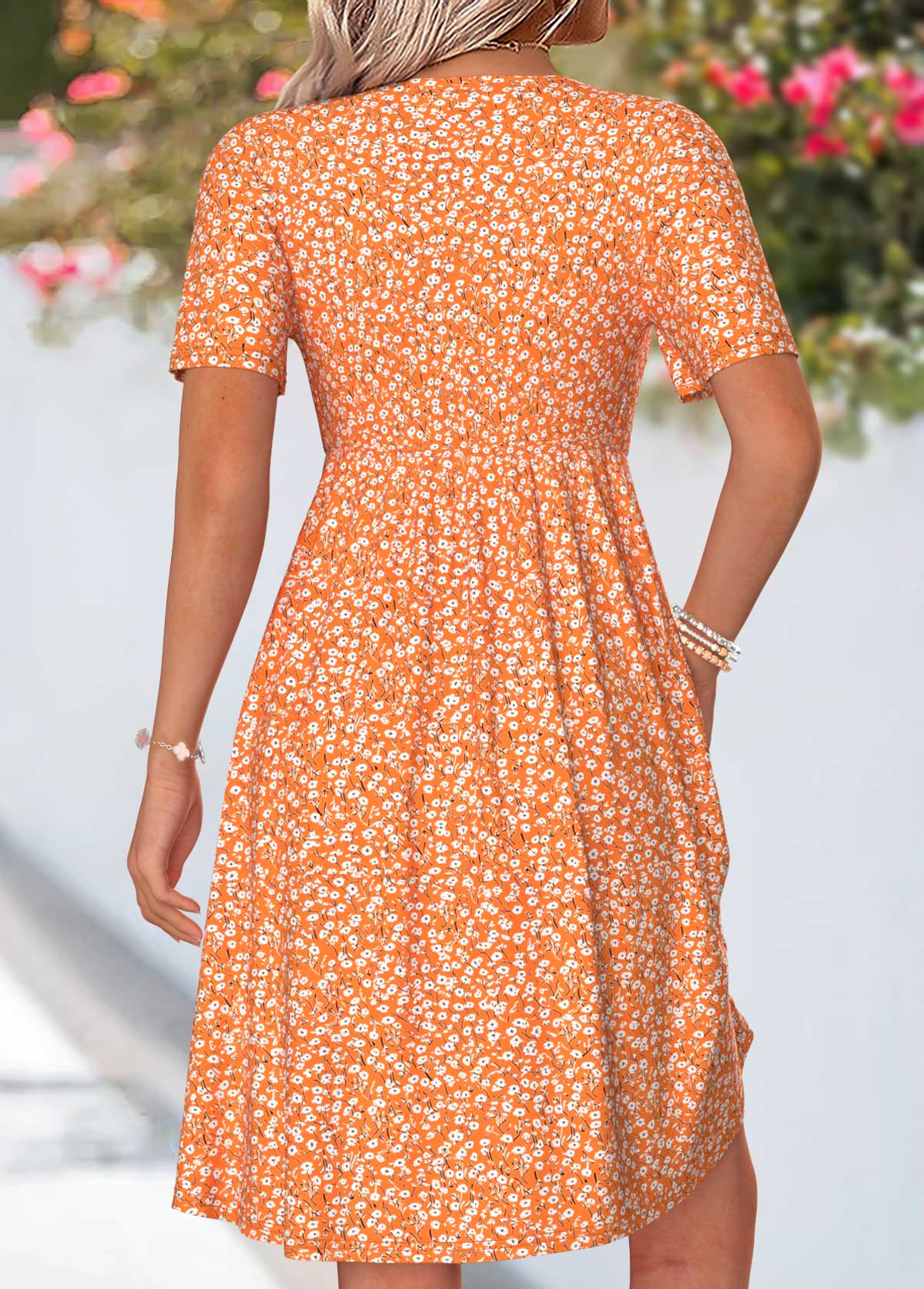 Orange Ditsy Floral Print Shirred Short Sleeve Dress | picture 