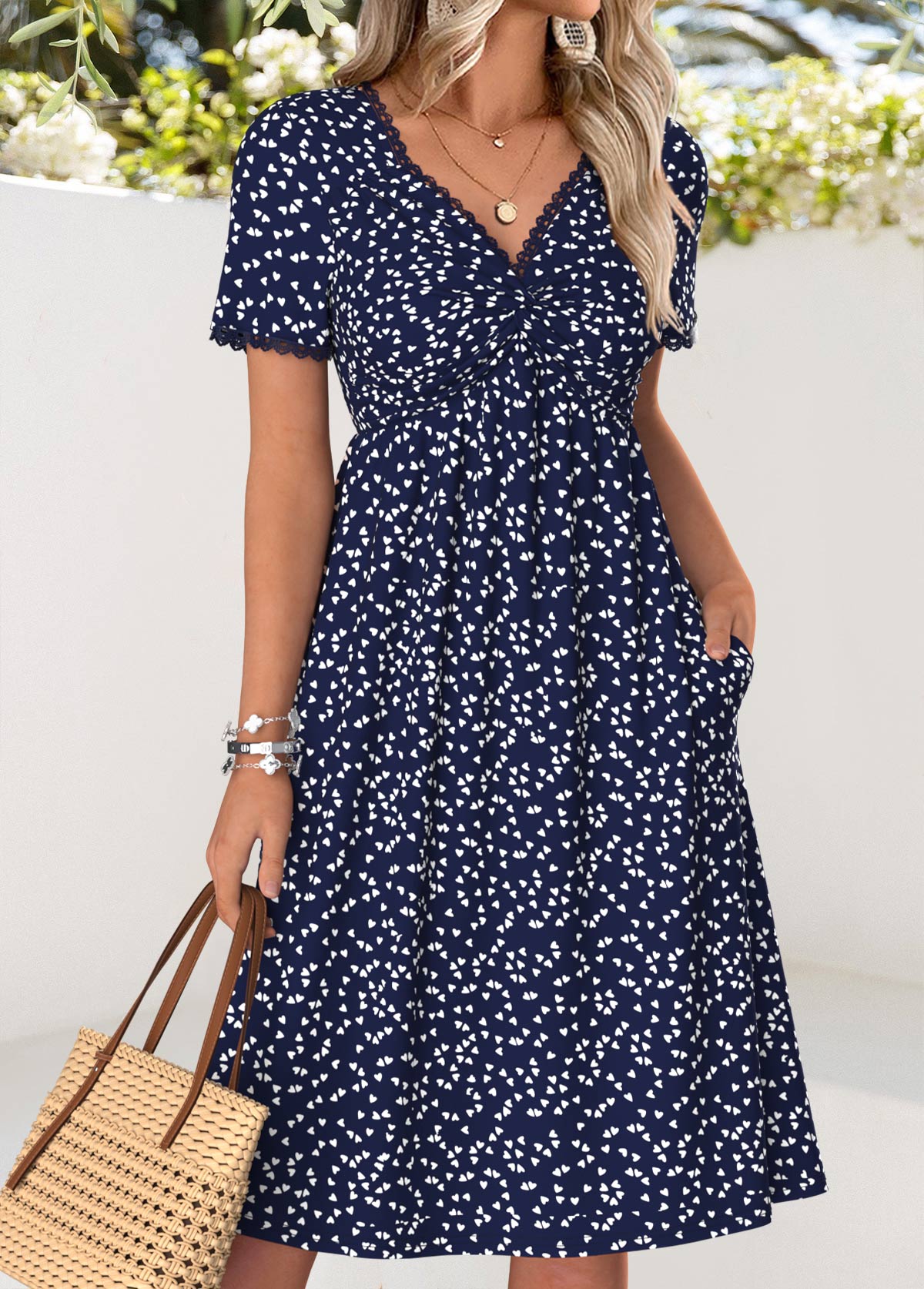 Navy Heart Print Twist Short Sleeve V Neck Dress | picture 