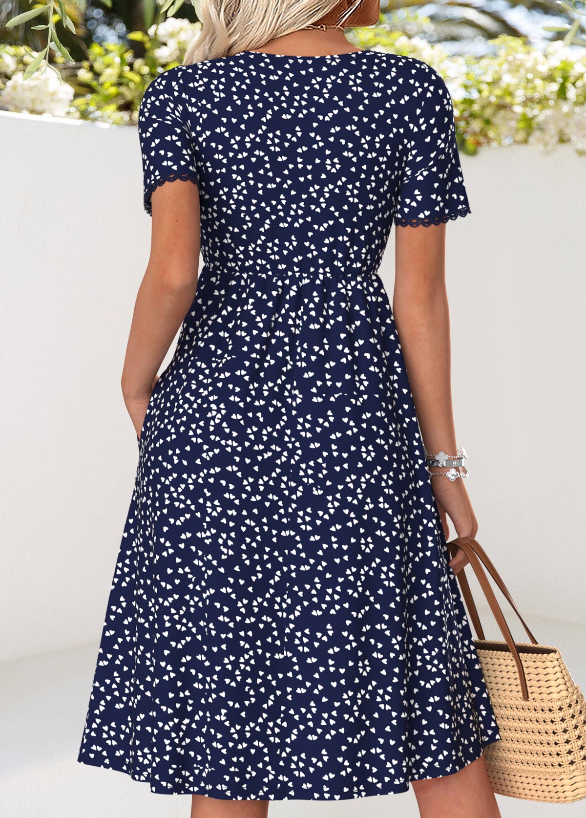 Navy Heart Print Twist Short Sleeve V Neck Dress | picture 