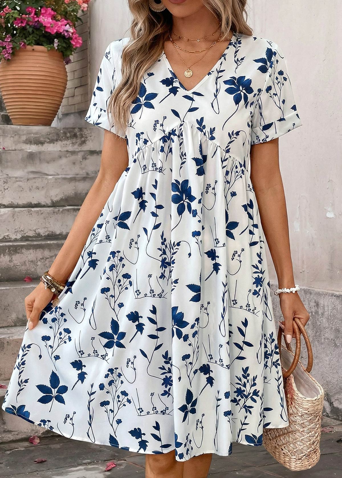 White Floral Print Tummy Coverage Short Sleeve Dress | picture 