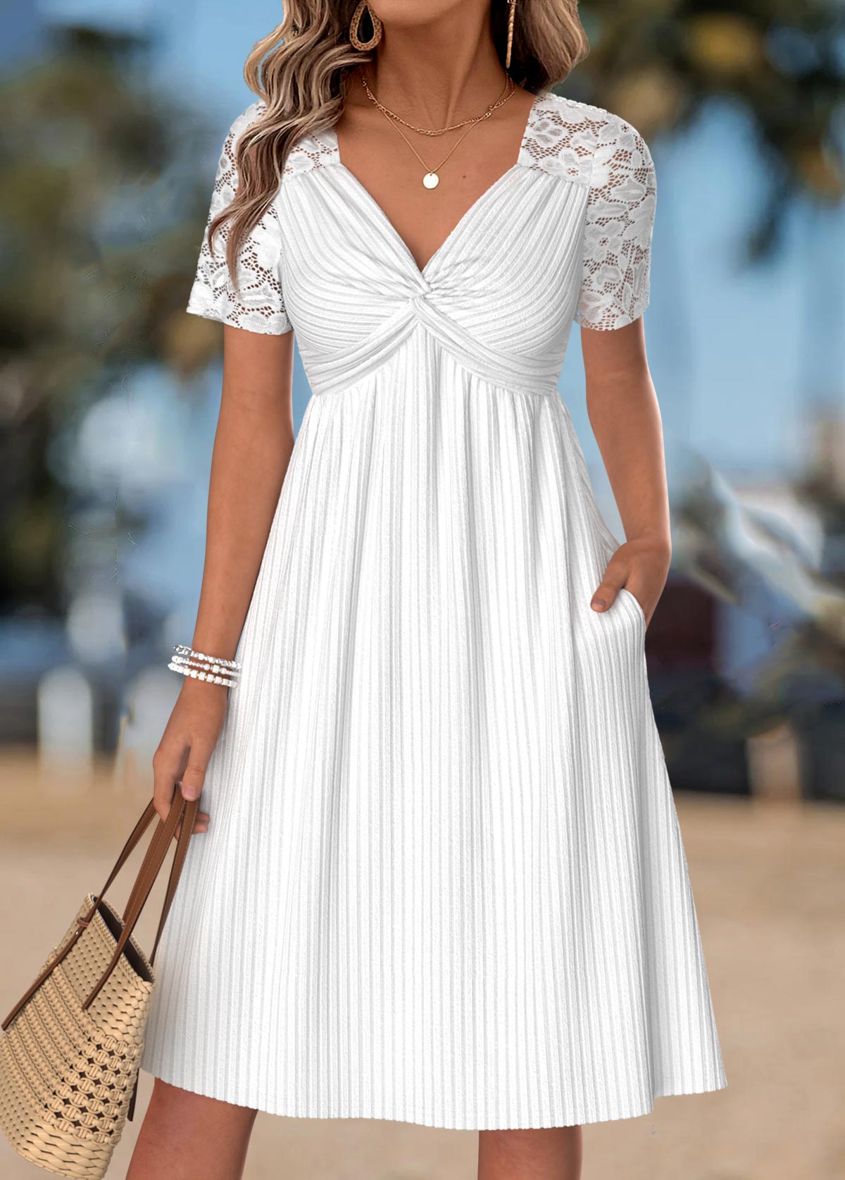 White Twist Short Sleeve V Neck Dress | picture 