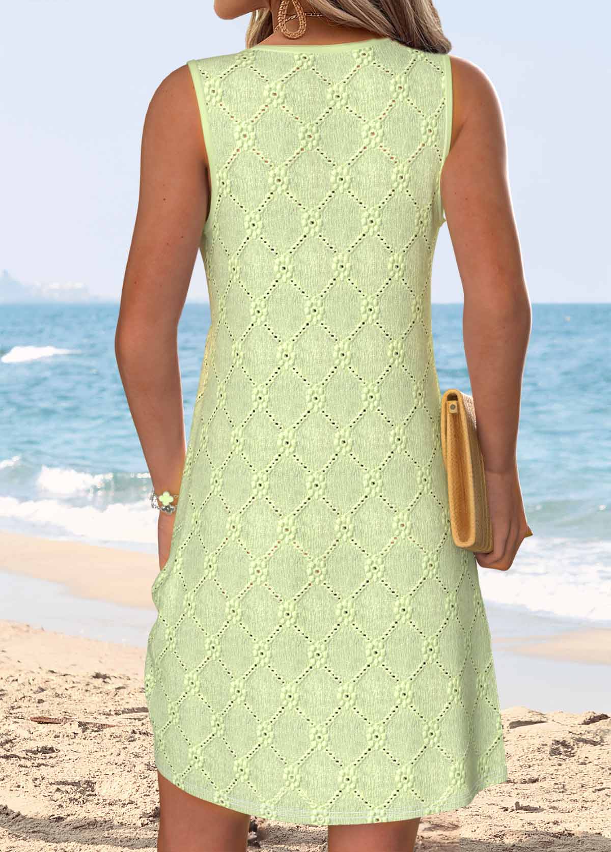 Light Green Short Shirred Sleeveless Round Neck Dress | picture 