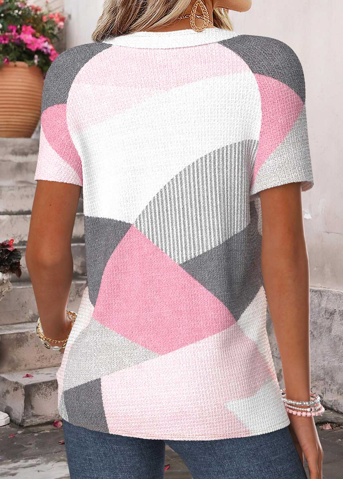 Light Pink Geometric Print Tummy Coverage T Shirt | picture 