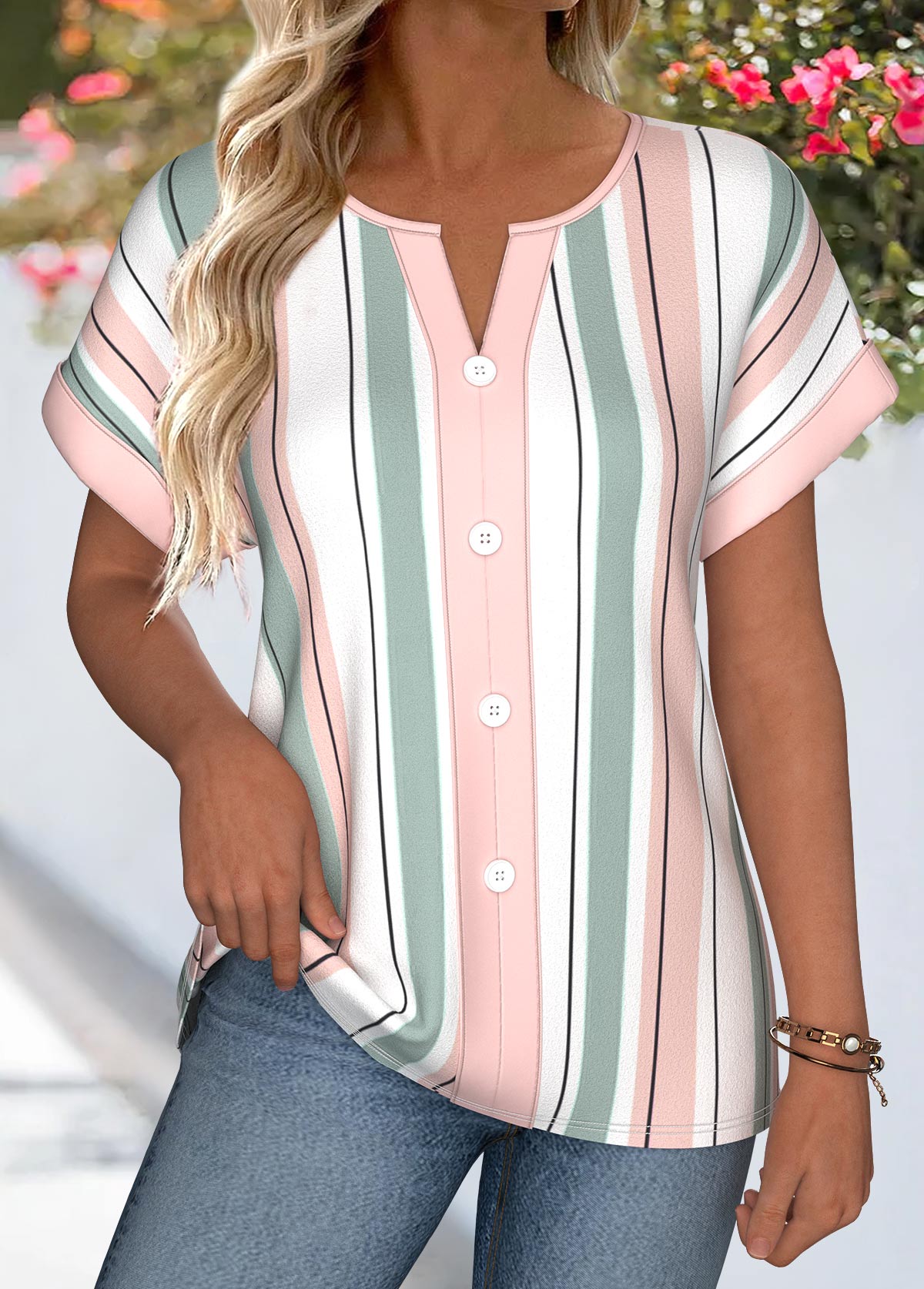 Multi Color Striped Tummy Coverage Short Sleeve Blouse | picture 