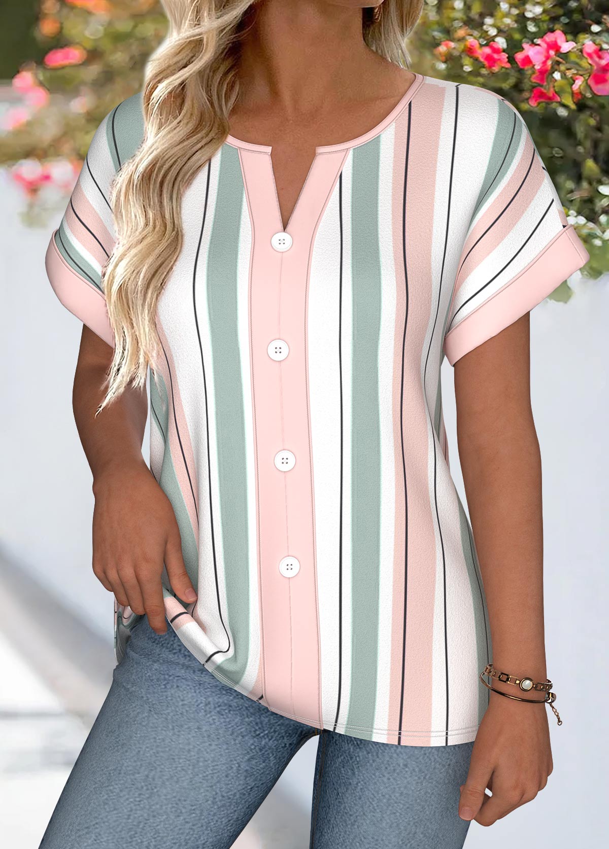 Multi Color Striped Tummy Coverage Short Sleeve Blouse | picture 