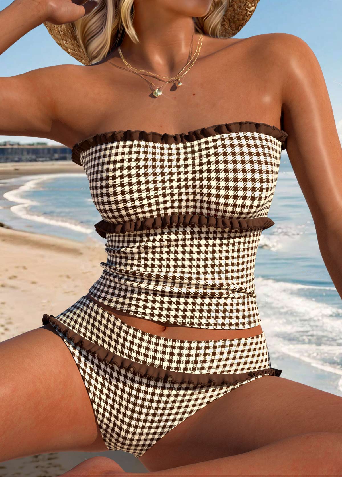 Dark Coffee Mid Waisted Frill Plaid Tankini Set | picture 