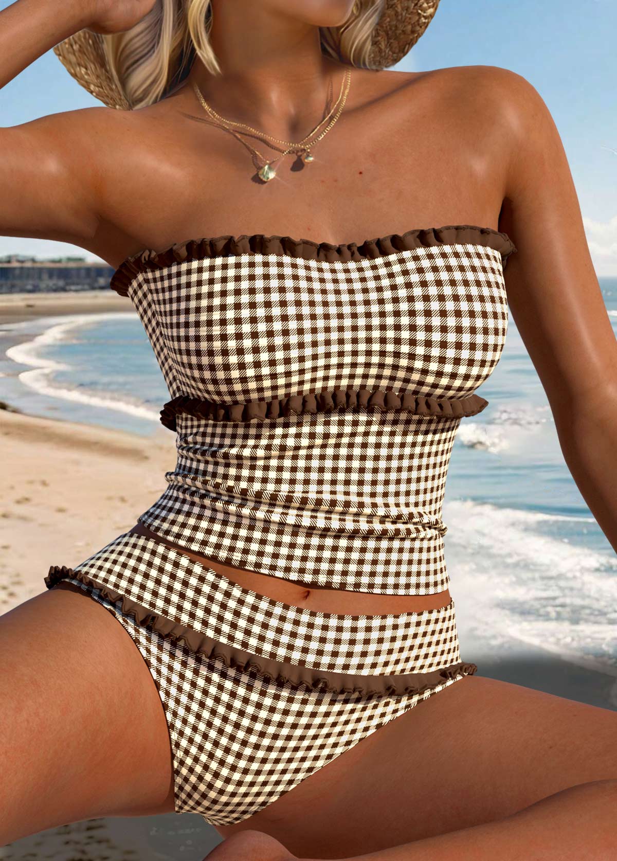 Dark Coffee Mid Waisted Frill Plaid Tankini Set | picture 