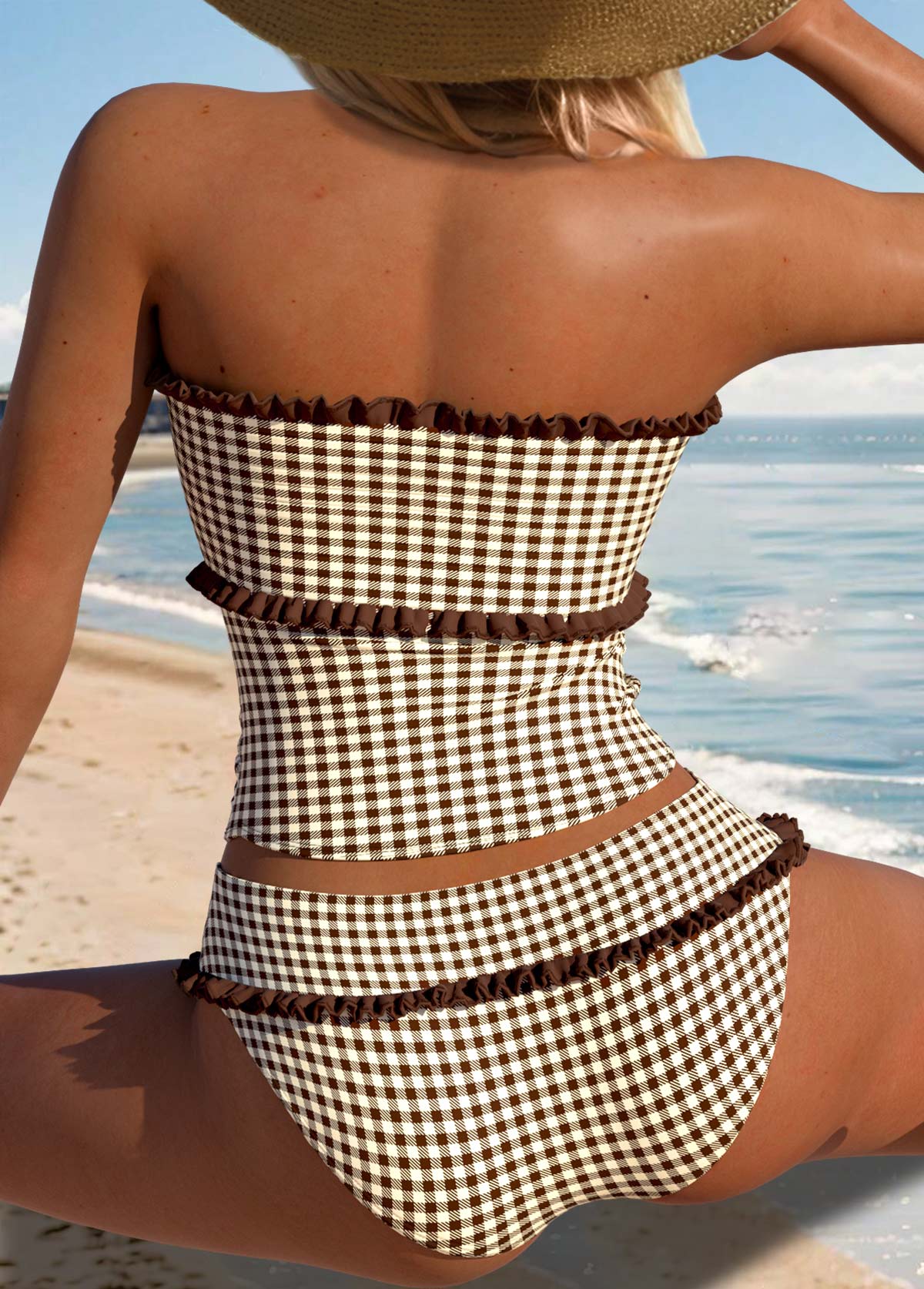 Dark Coffee Mid Waisted Frill Plaid Tankini Set | picture 