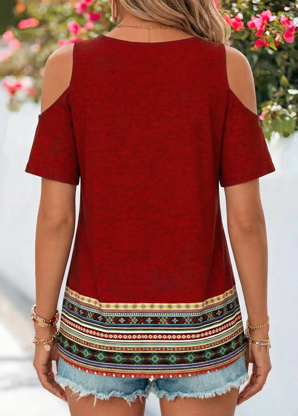 Deep Red Tribal Print Twist Short Sleeve T Shirt | picture 