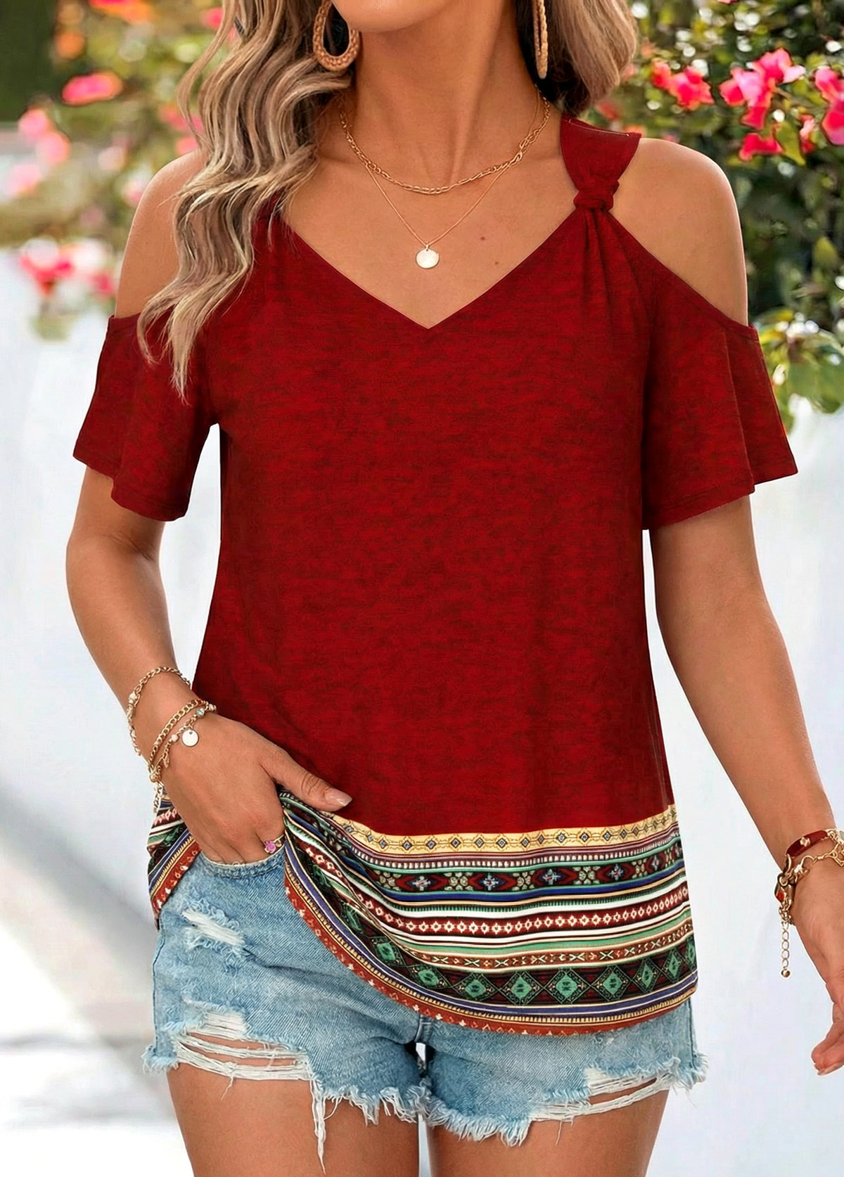Deep Red Tribal Print Twist Short Sleeve T Shirt | picture 
