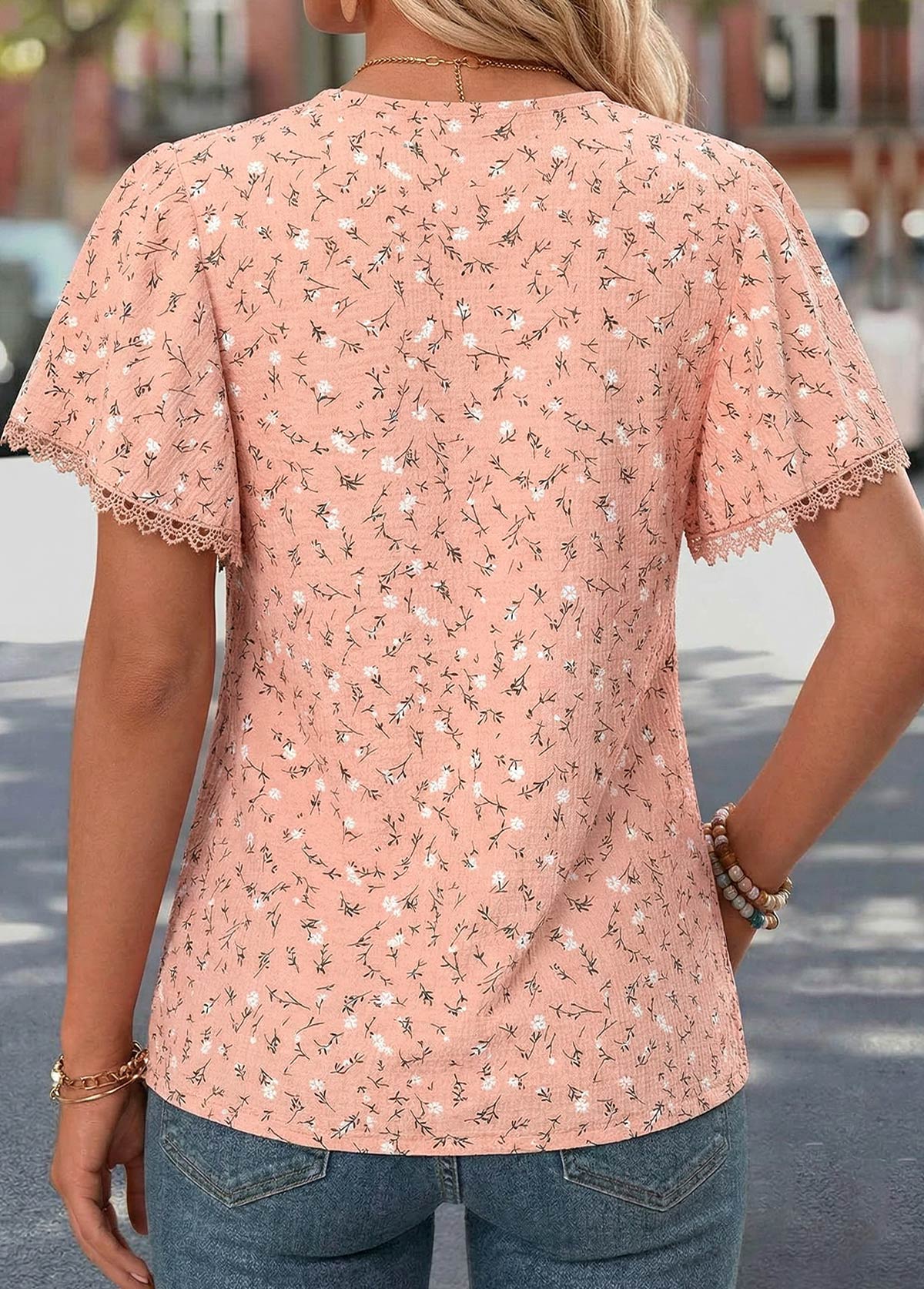 Dusty Pink Ditsy Floral Print Curved Hem T Shirt | picture 