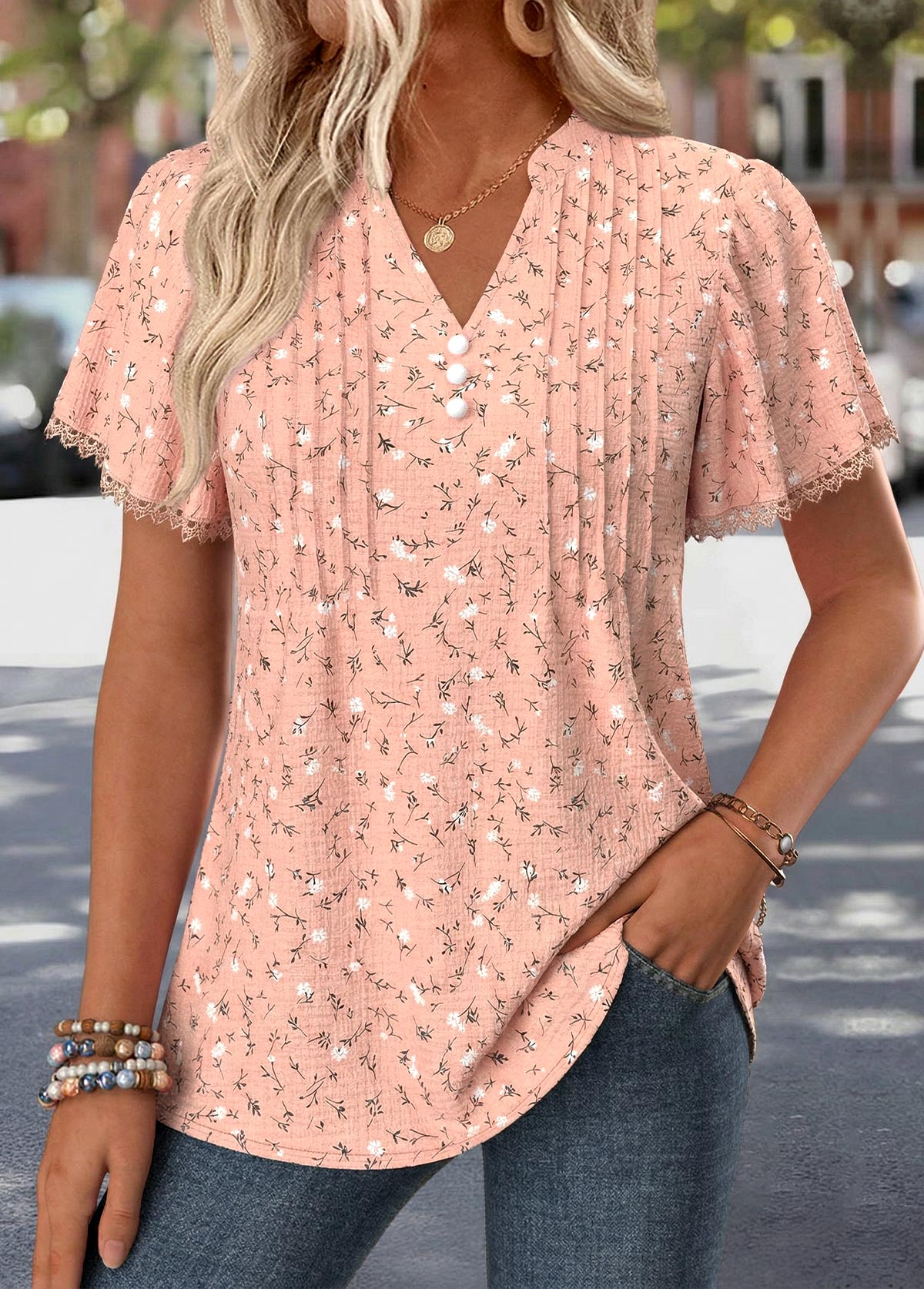 Dusty Pink Ditsy Floral Print Curved Hem T Shirt | picture 