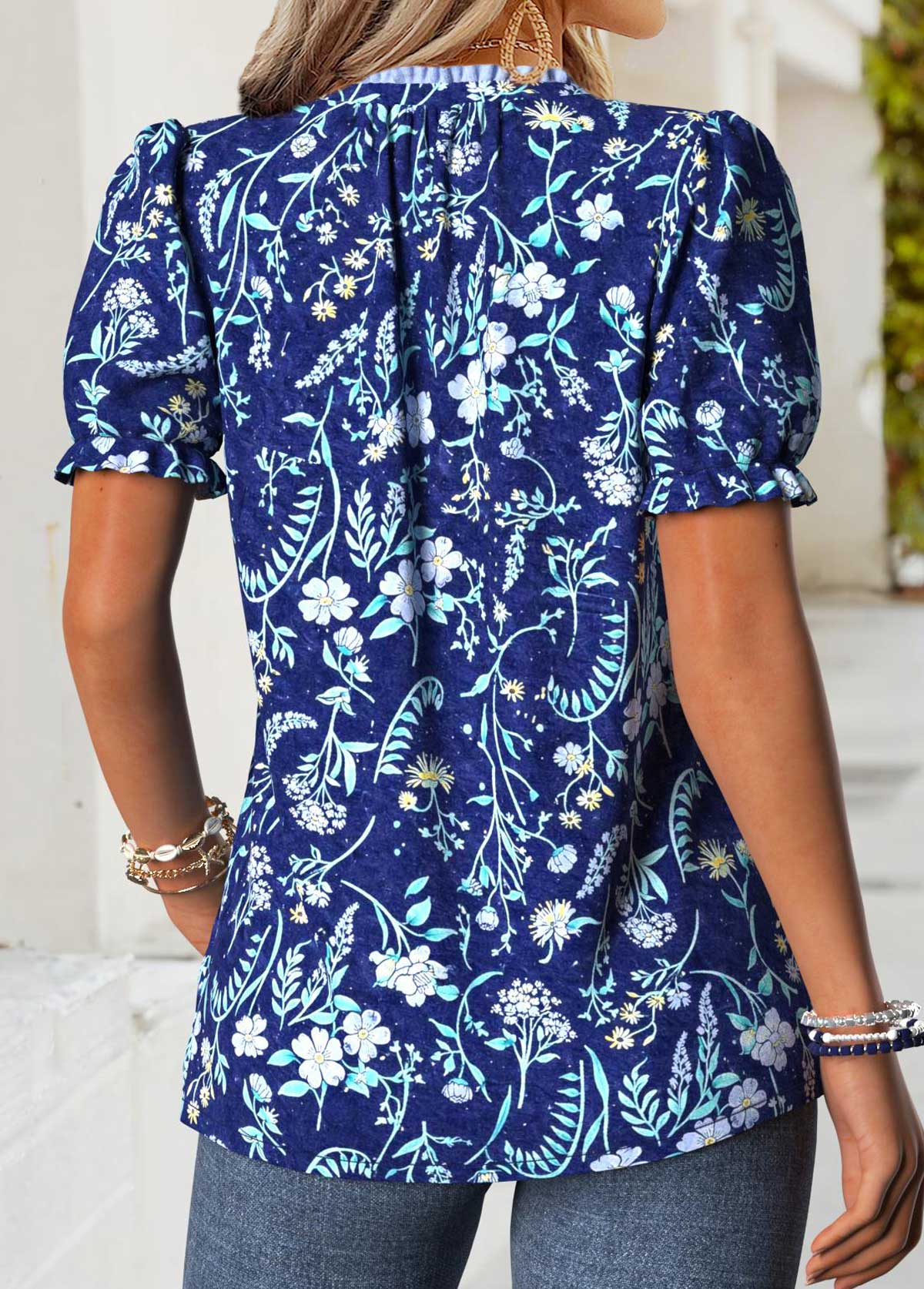 Blue Floral Print Frill Short Sleeve T Shirt | picture 