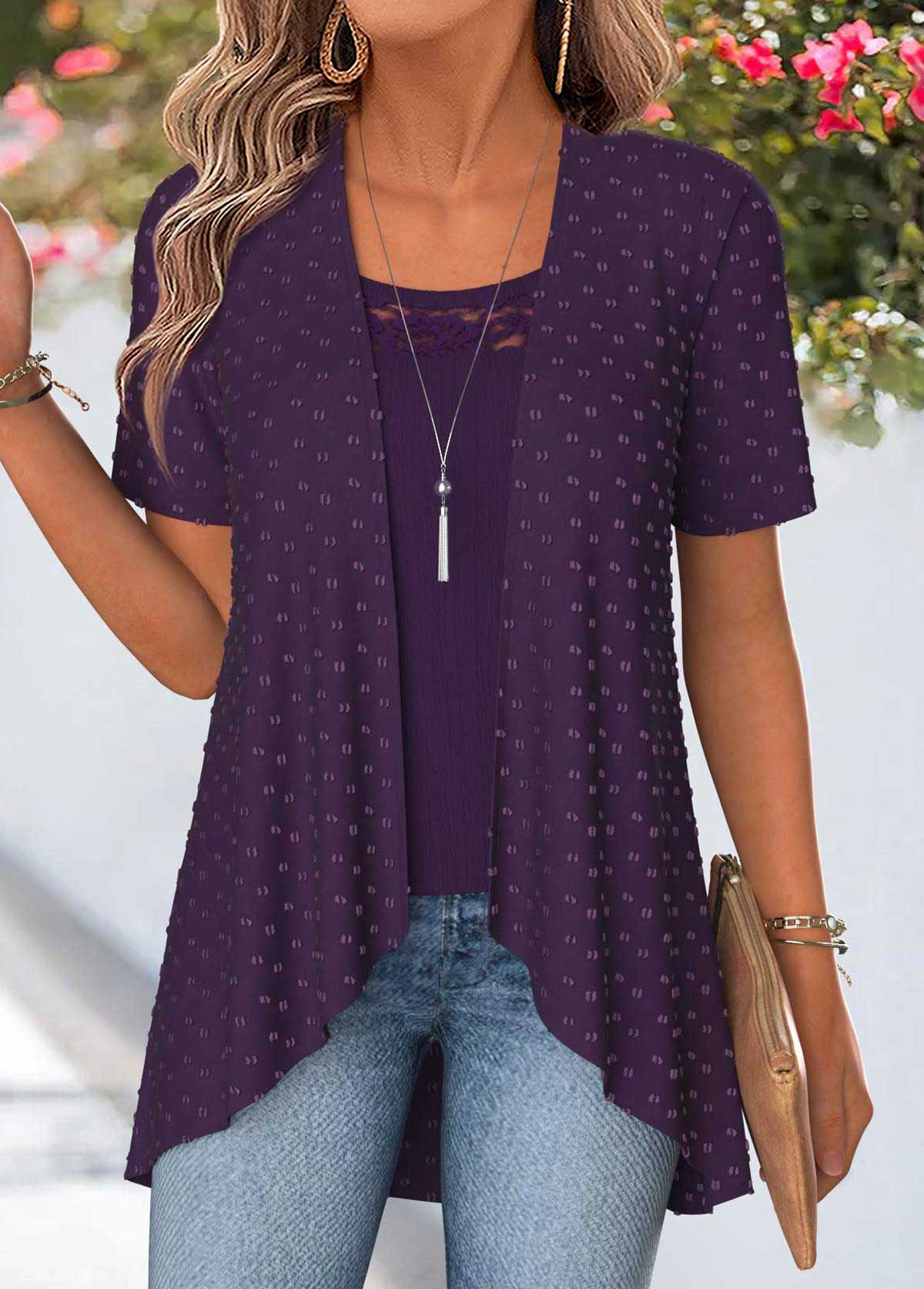 Purple Short Sleeve Fake Two Piece Twinset | picture 