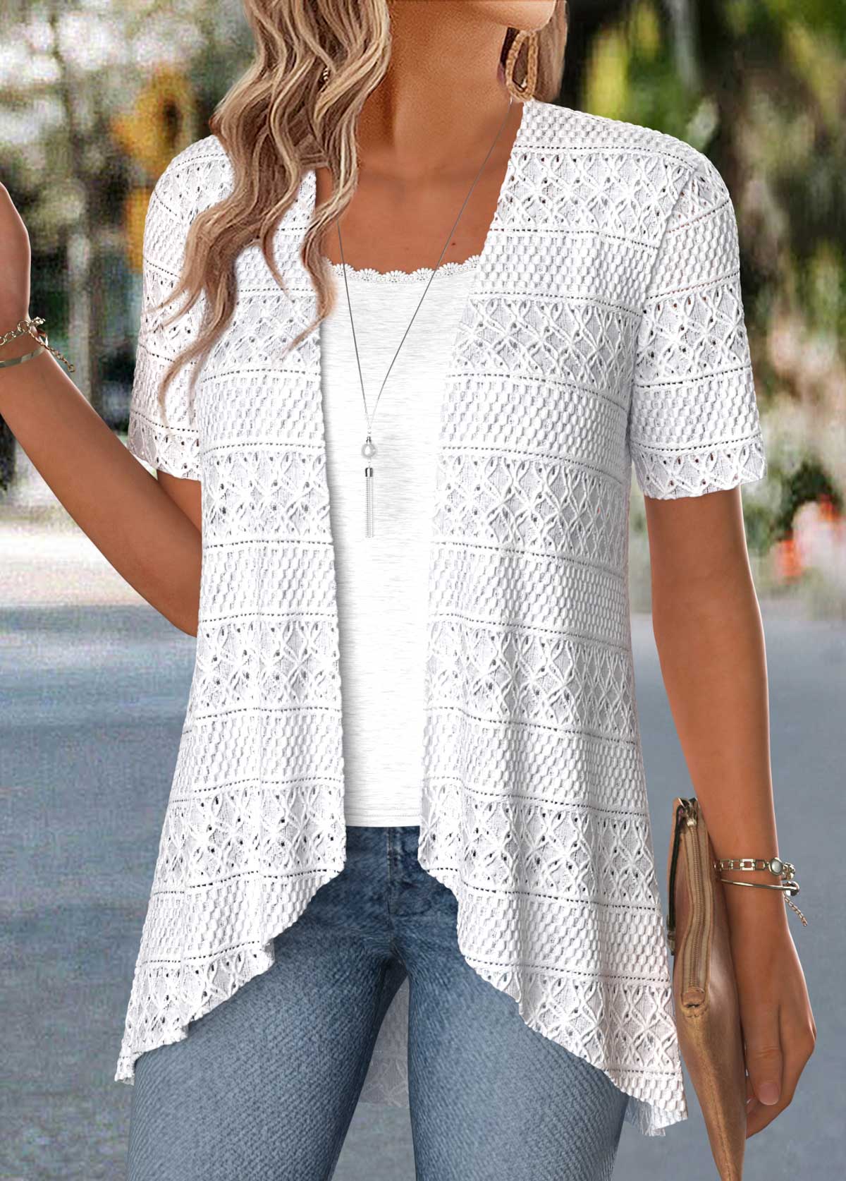 Raw White Short Sleeve Fake Two Piece Twinset | picture 