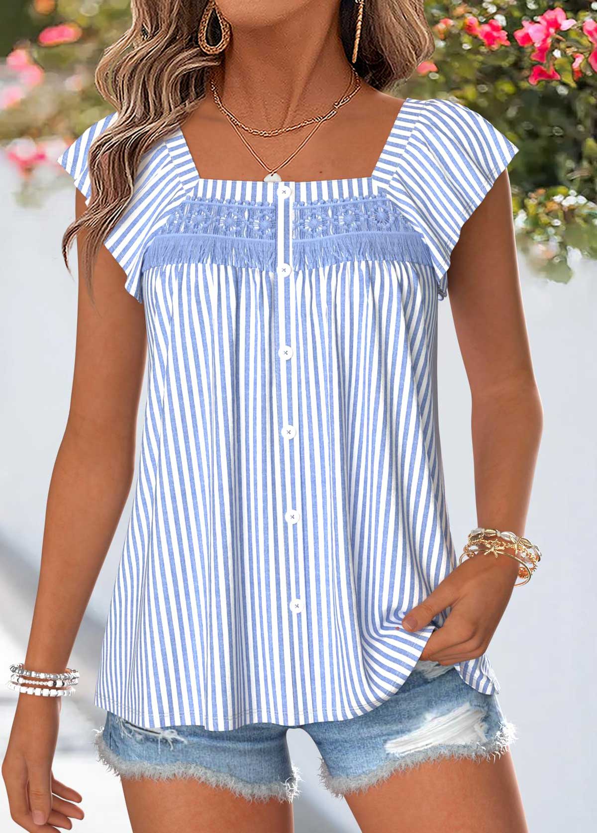 Light Blue Striped Curved Hem Short Sleeve Blouse | picture 