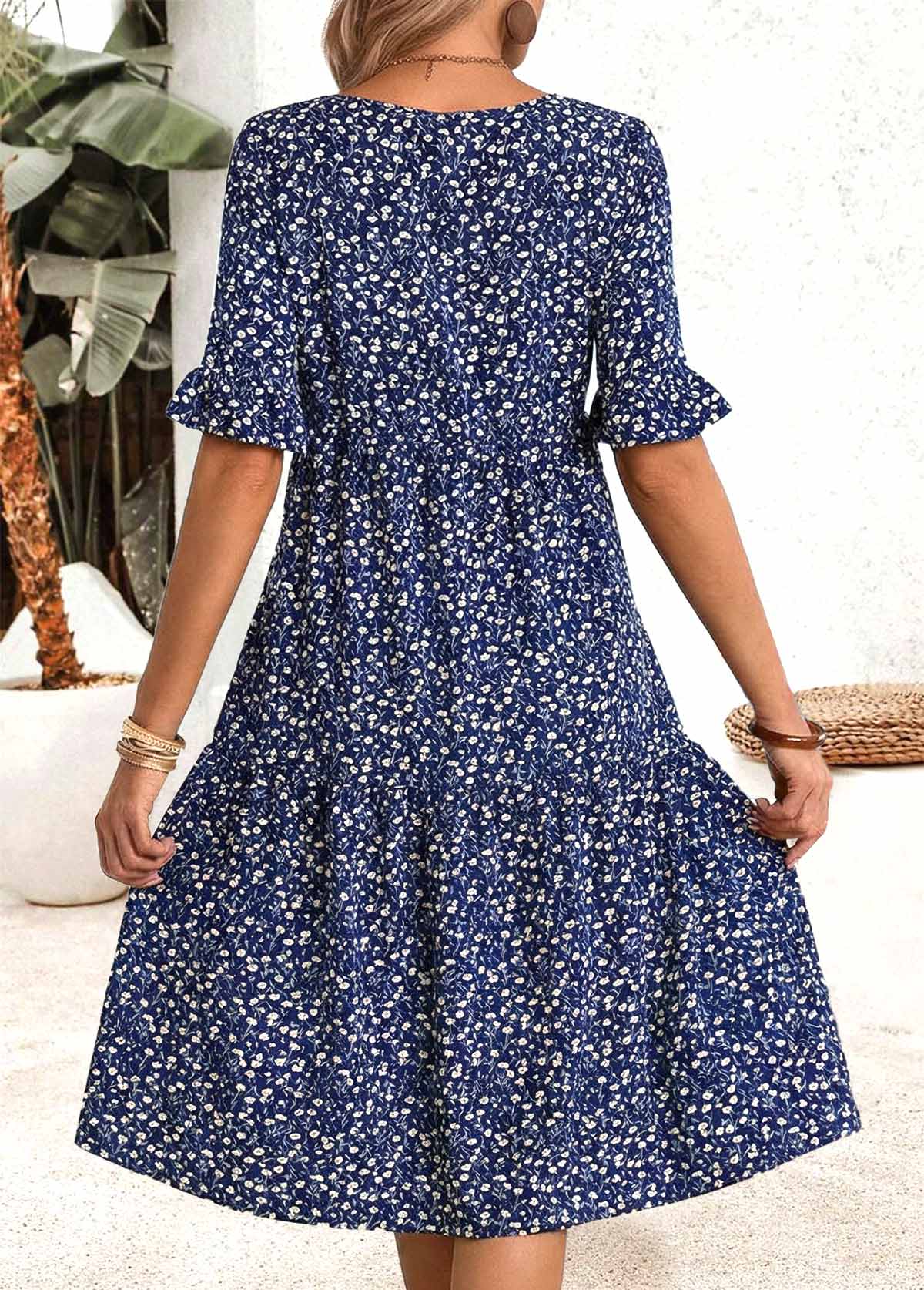 Navy Ditsy Floral Print Shirred Half Sleeve Dress | picture 
